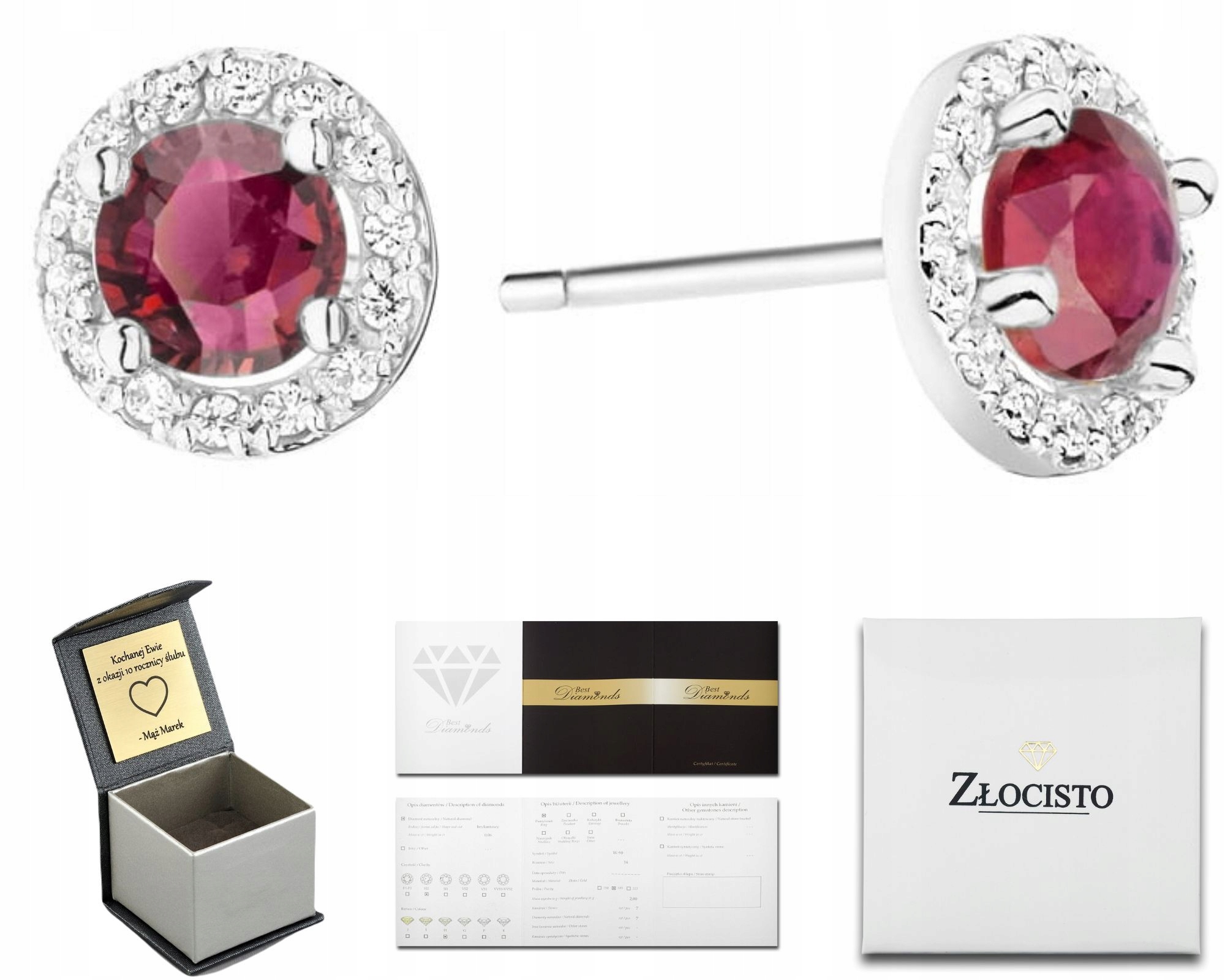 Bílé Zlato Náušnice S Brilianty A Rubínem Gravírování