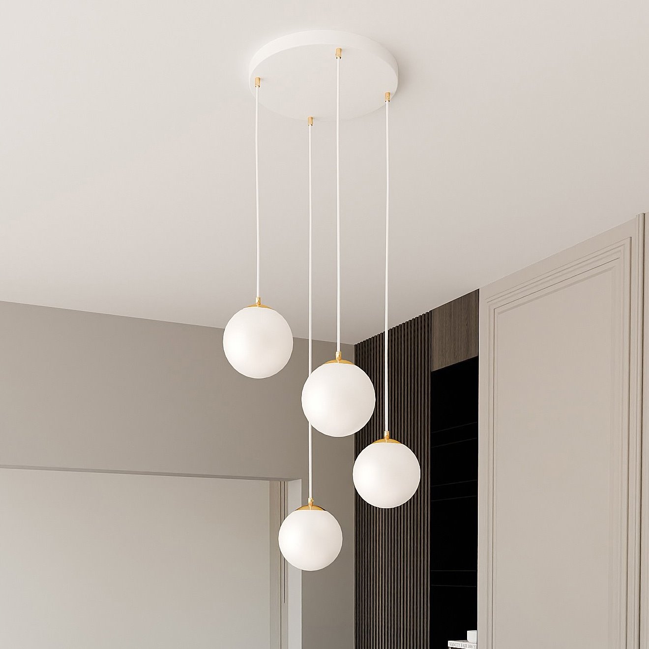 Hlavní stropní osvětlení, sada bílých koulí, zlaté prvky Royal