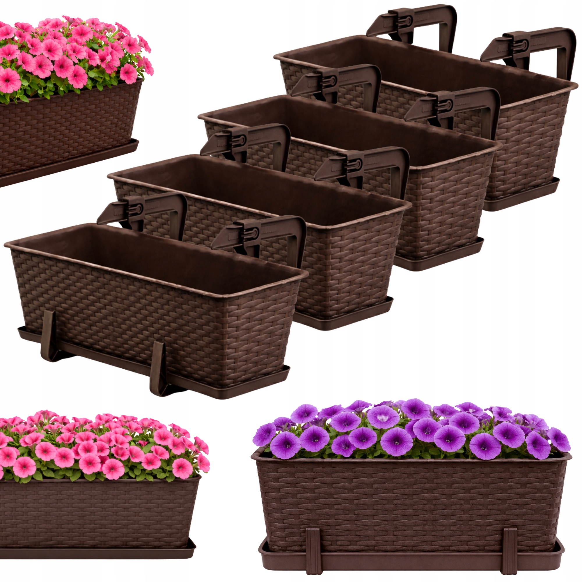 4 x Květináč Balkonový Truhlík 40 cm Držáky Bronzová Sada