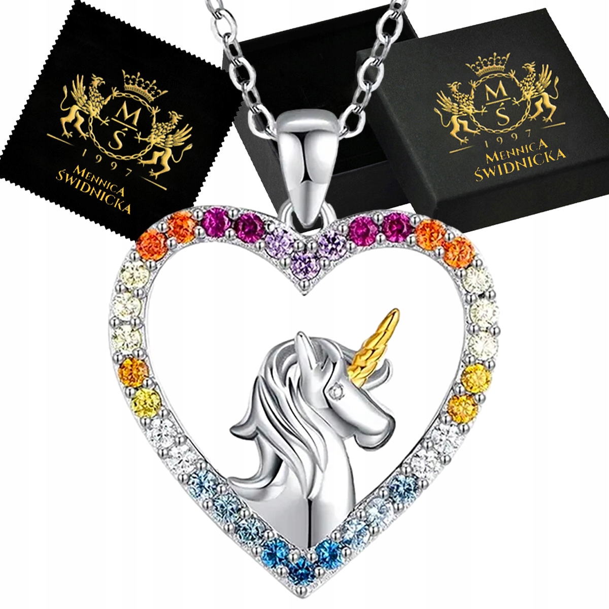 Stříbrný náhrdelník Stříbro 925 Řetízek s přívěskem Srdce Jednorožec Dárek