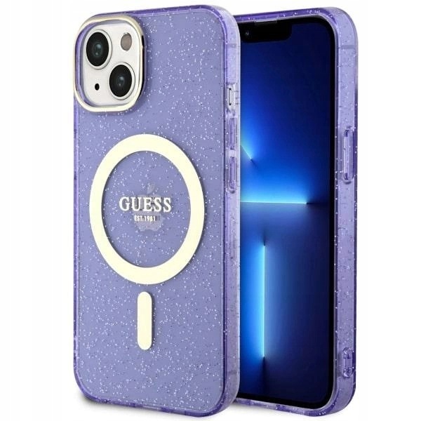 Etui Guess Glitter Gold MagSafe na iPhone 14 Plus purpurowe