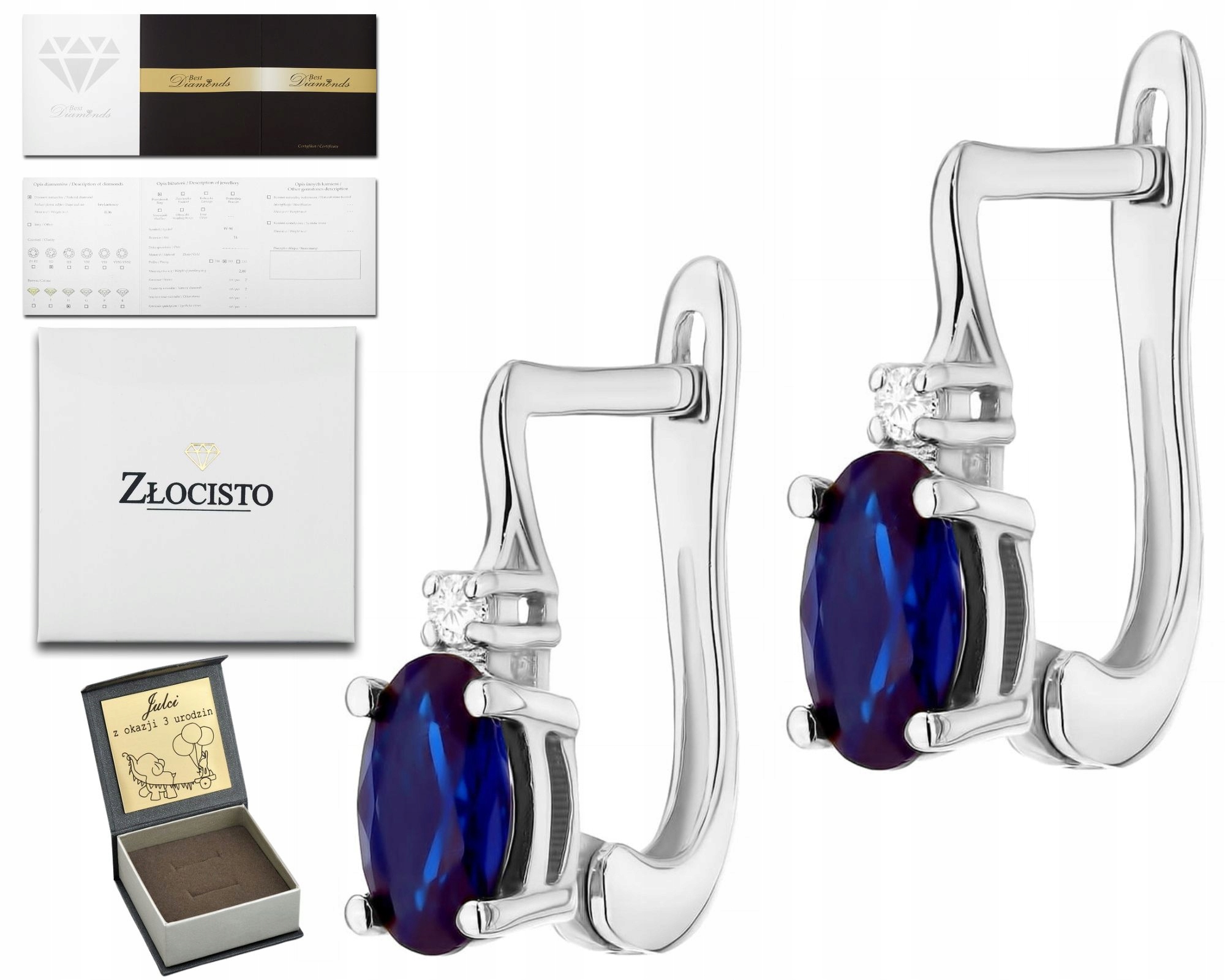 Náušnice Z Bílého Zlata S Diamantem A Modrým Safírem, Anglické Zapínání