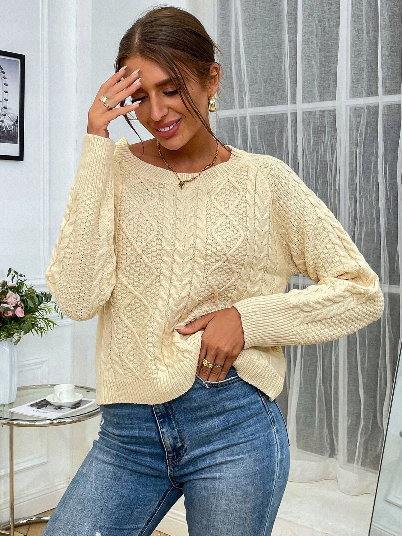 Sweter damski casual beżowy L 40 Szerokość pod pachami 53.5 cm