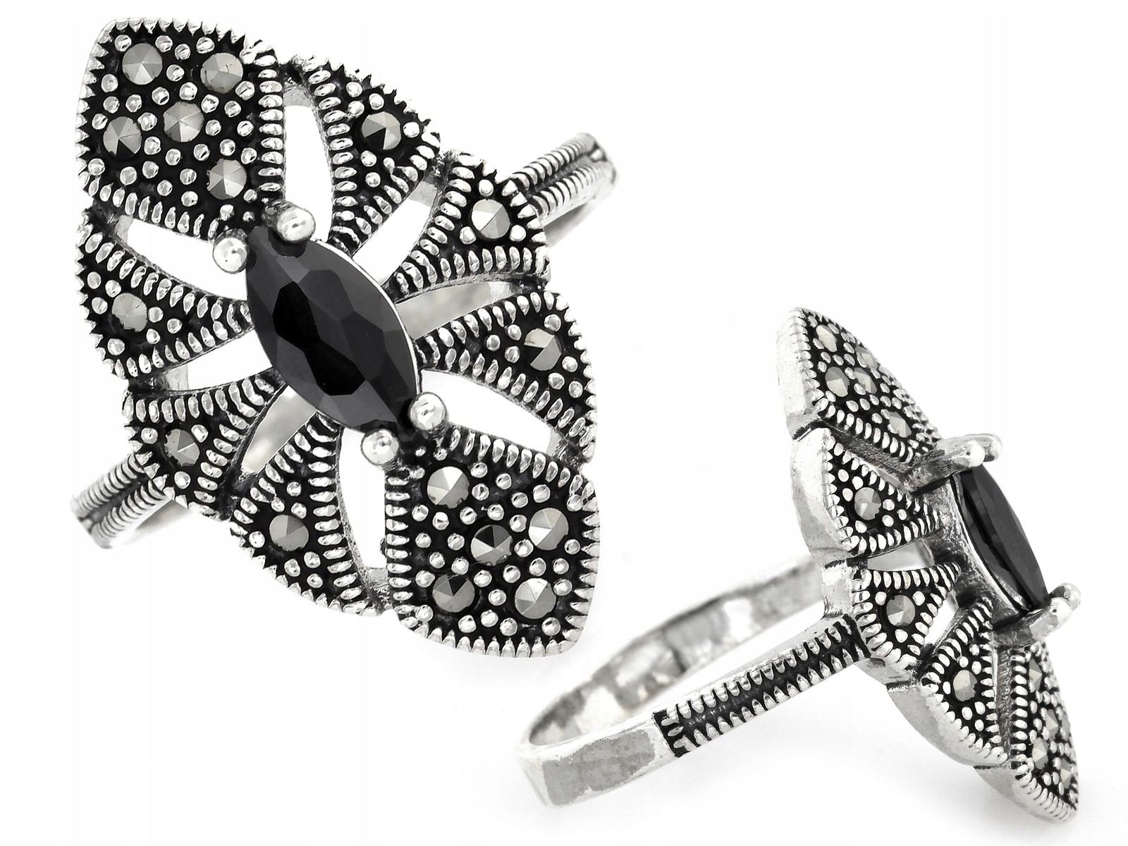 Stříbrný prstýnek 925 s onyxem a markýzami pro maminku r19