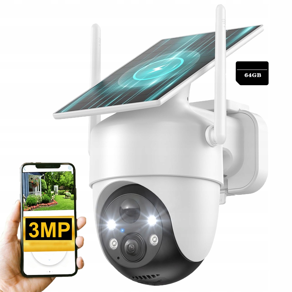 Solární otočná kamera Venkovní kamera pro noční vidění s 64G kartou