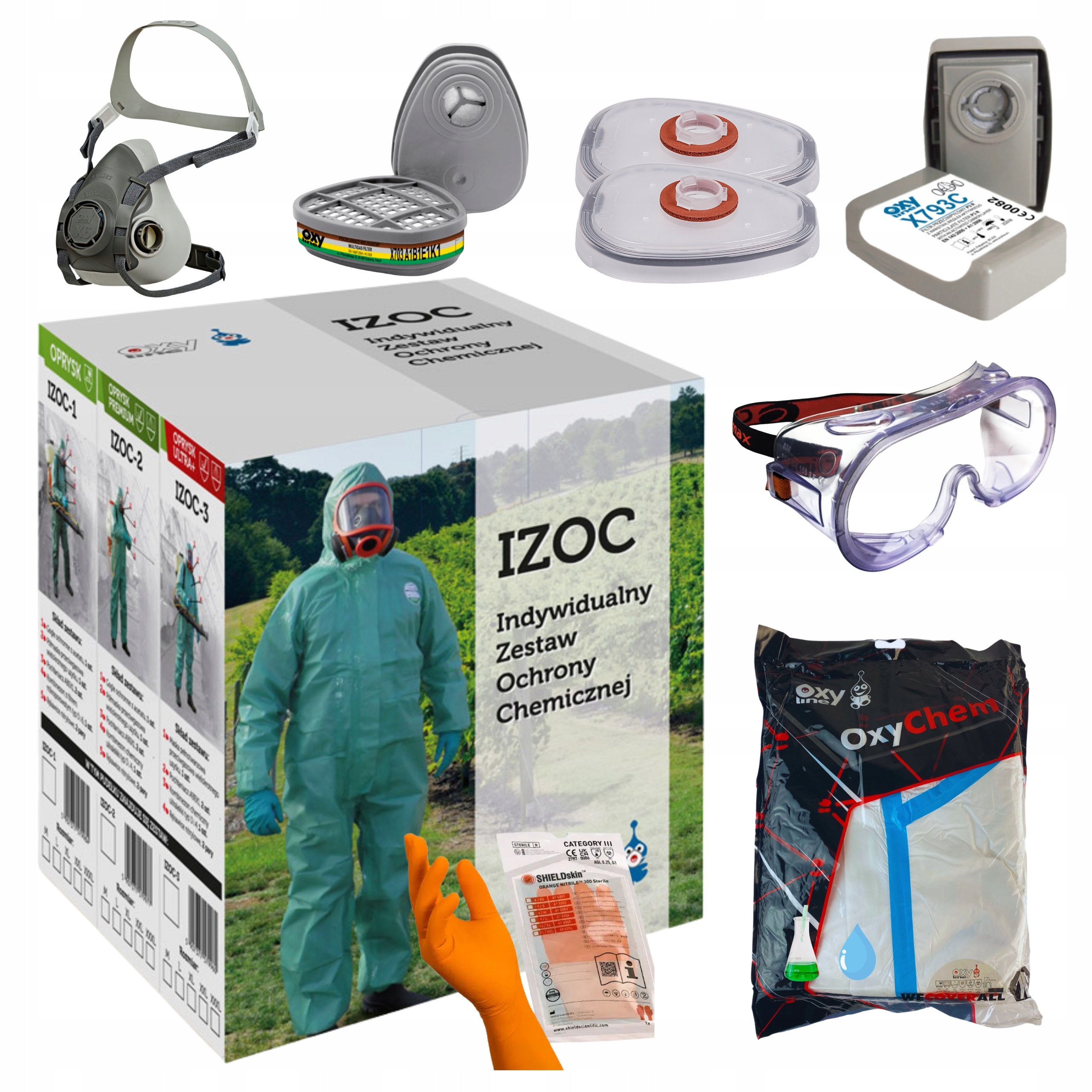 IZOC-1 Zestaw do oprysków Ochrona Chemicza maska kombinezon rękawice gogle