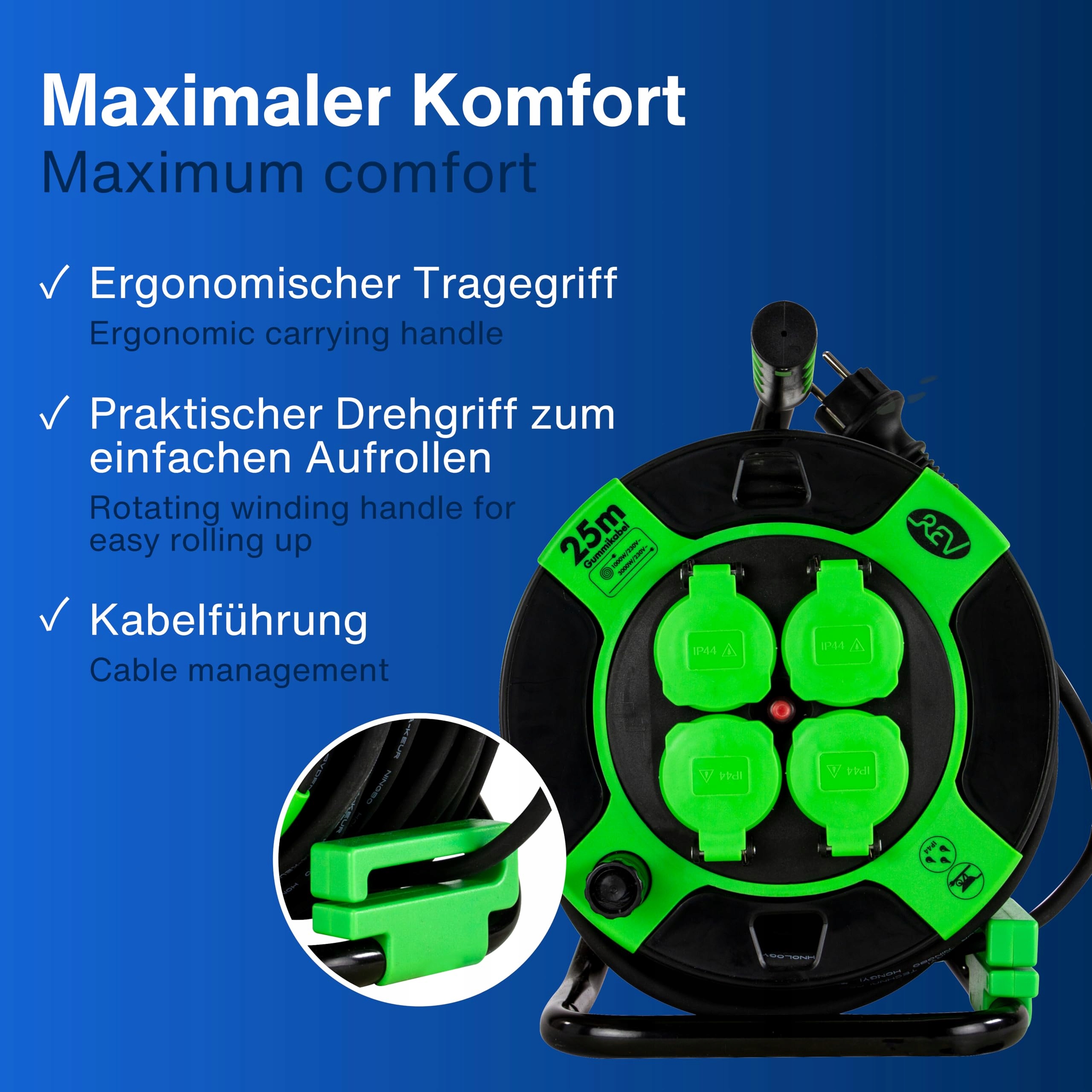 REV Kabel Bębnowy 25m H05RR IP44 3000W Do Użytku Zewnętrznego 4 Gniazda — miniatura 4