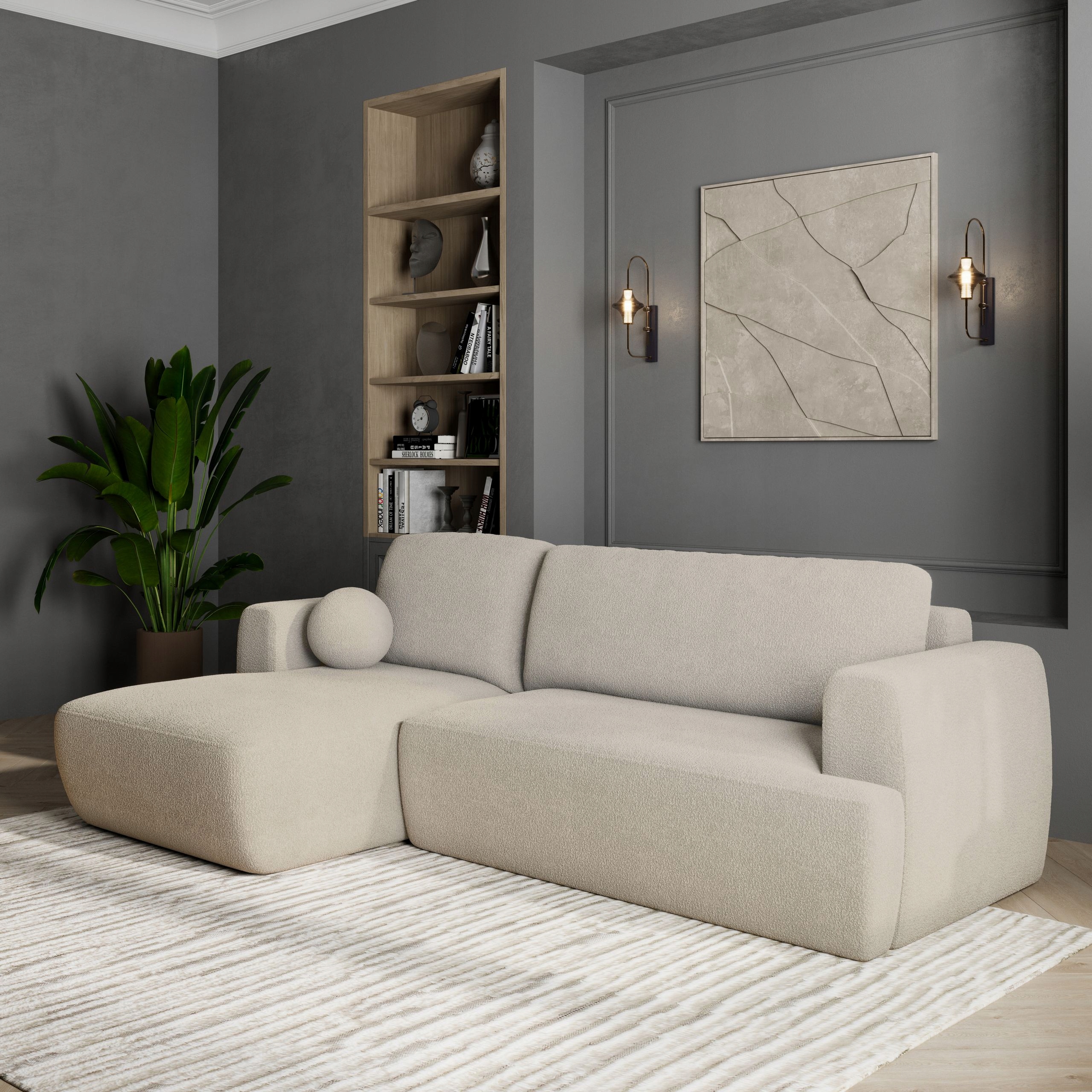 Rohová Sedací Souprava Senti Funkce Spaní Moderní Boucle Beránek Krémový