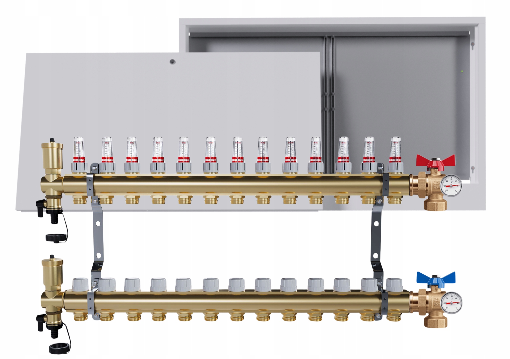 Rozdělovač Pro Podlahovou Krytinu, 13 Okruhů Ventil Teploměr Nástěnná Skříňka