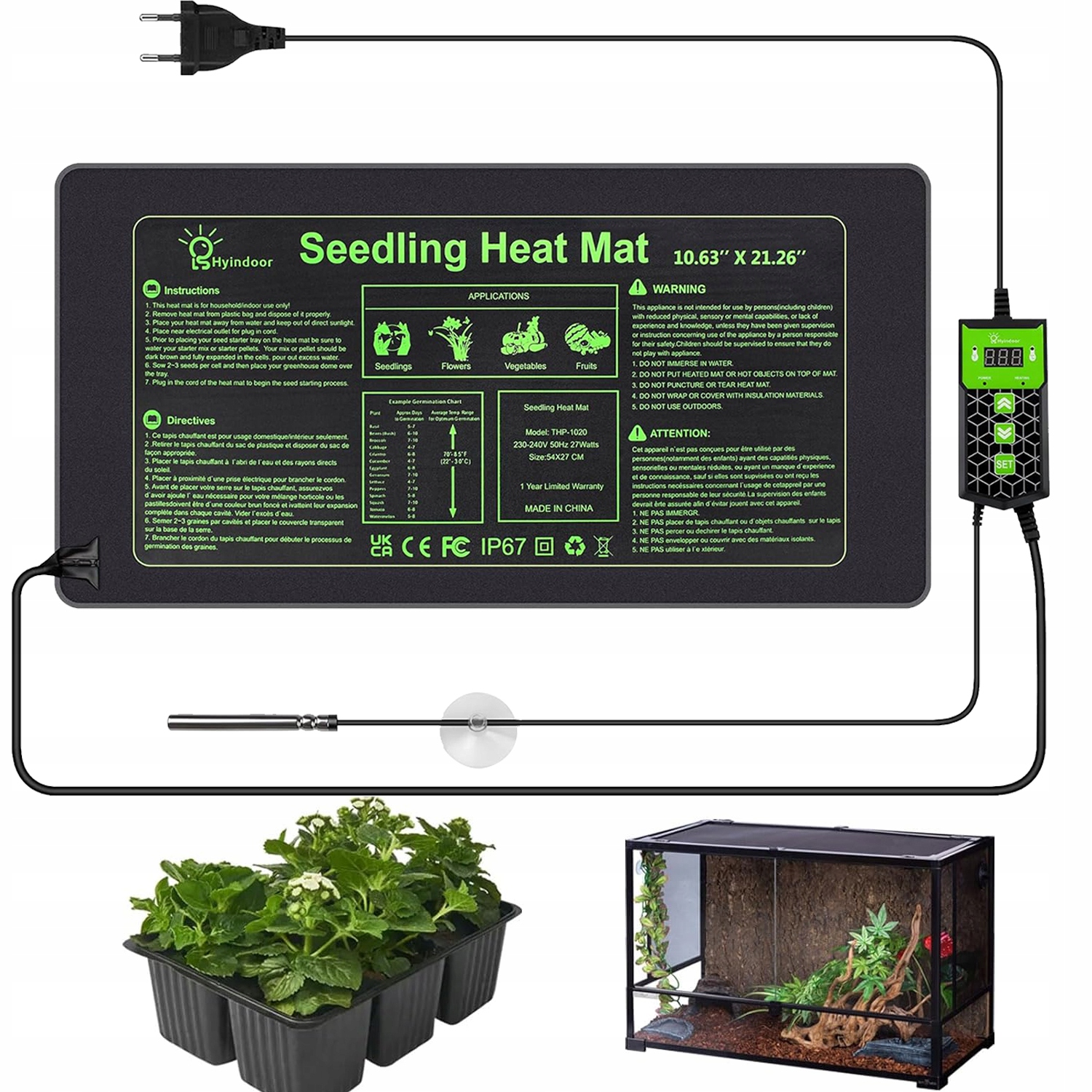 Levně Topný Rohož Pro Terárium Rostlin 55 x 27 cm Termostat Voděodolná