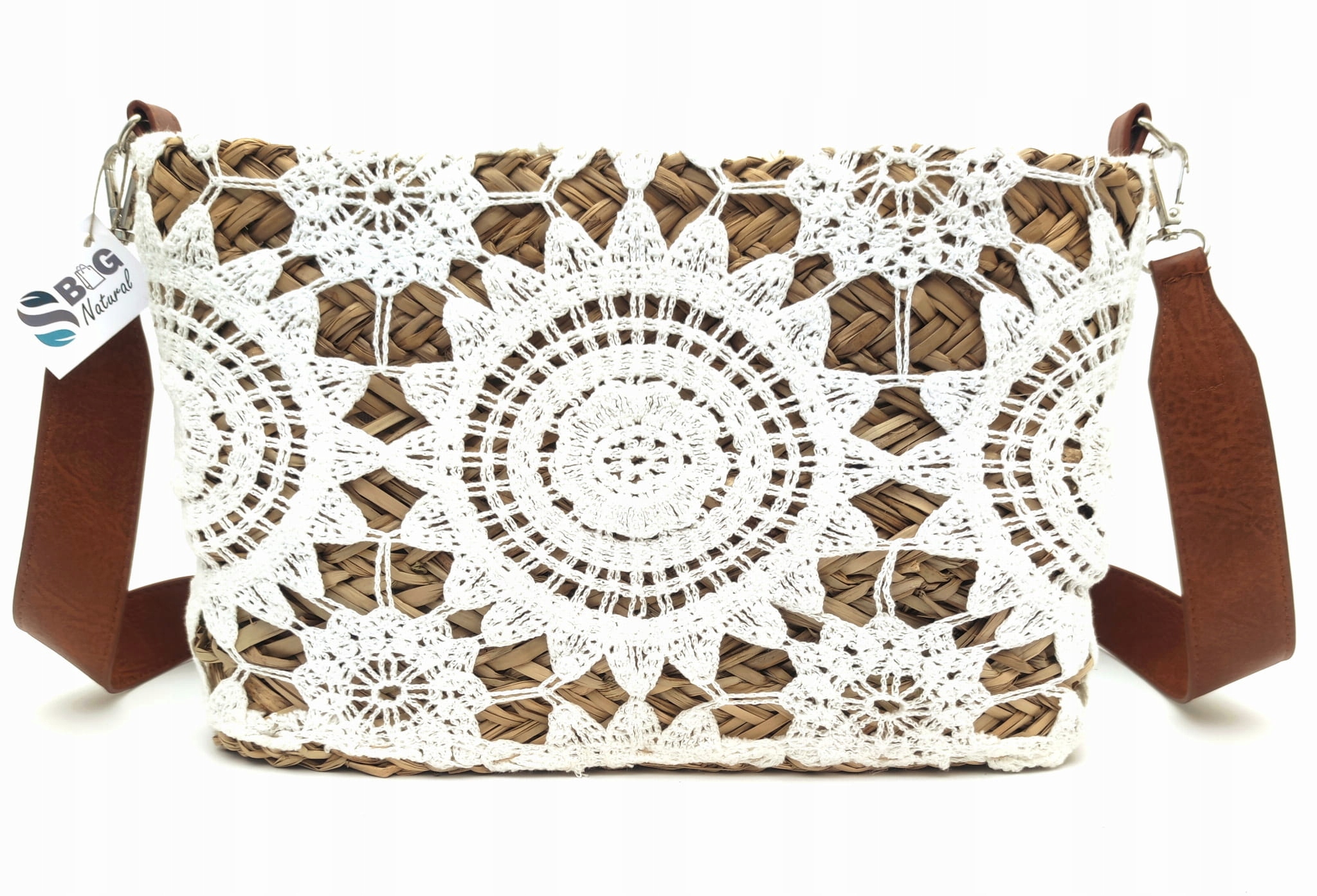 Taška Kabelka Přes Rameno Pletená z mořské trávy Boho s krajkou