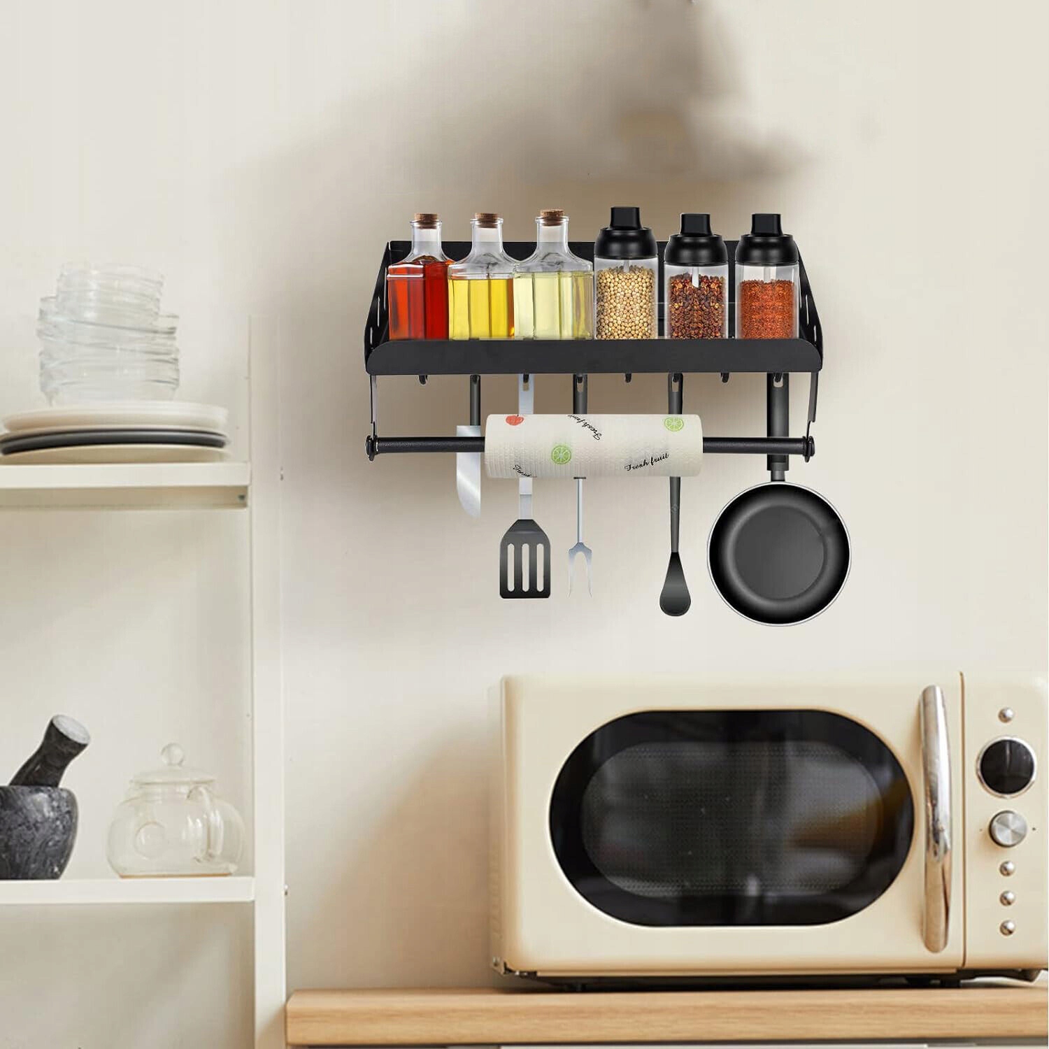 REGAŁ NA PRZYPRAWY DO ŁAZIENKI I KUCHNI, Z UCHWYTEM NA RĘCZNIKI 8 HACZYKAMI EAN (GTIN) 0889328923860