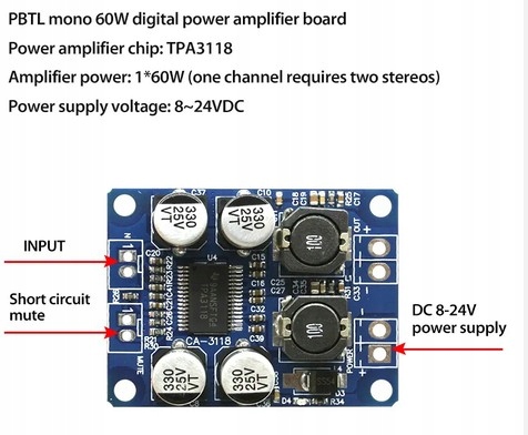 WZMACNIACZ MONO 1X60W 8-24V TPA3118 Kod producenta TPA3118