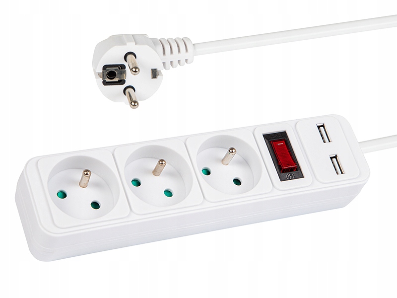 PRZEDŁUŻACZ LISTWA ZASILAJĄCA 3m 3 GNIAZDA Z UZIEMIENIEM WYŁĄCZNIK 2X USB