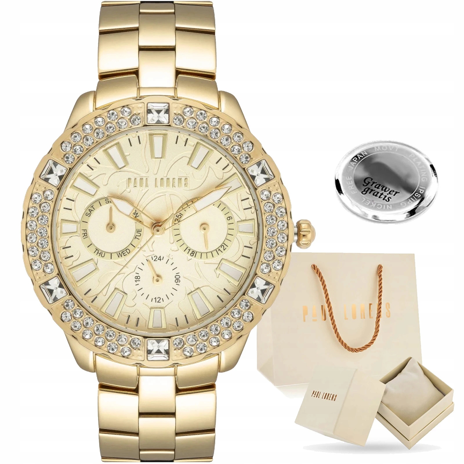 Dámské hodinky Paul Lorens Naomi Zlaté elegantní Zirkony datumovka Gravírování