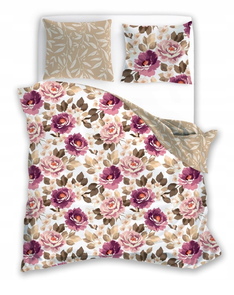 Pościel Kwiaty fioletowe/beżowa 200x200 cm 3 cz.