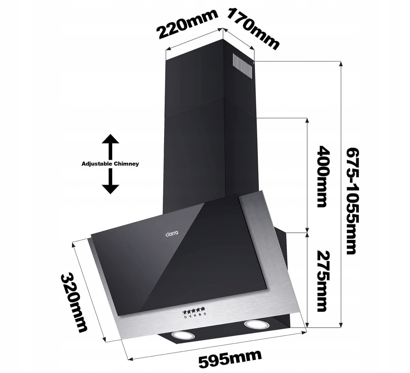 Ciarra CBCB6736C okap naścienny 60 cm, 380 m³/h, oświetlenie LED, 2 filtry Model CBCB6736C