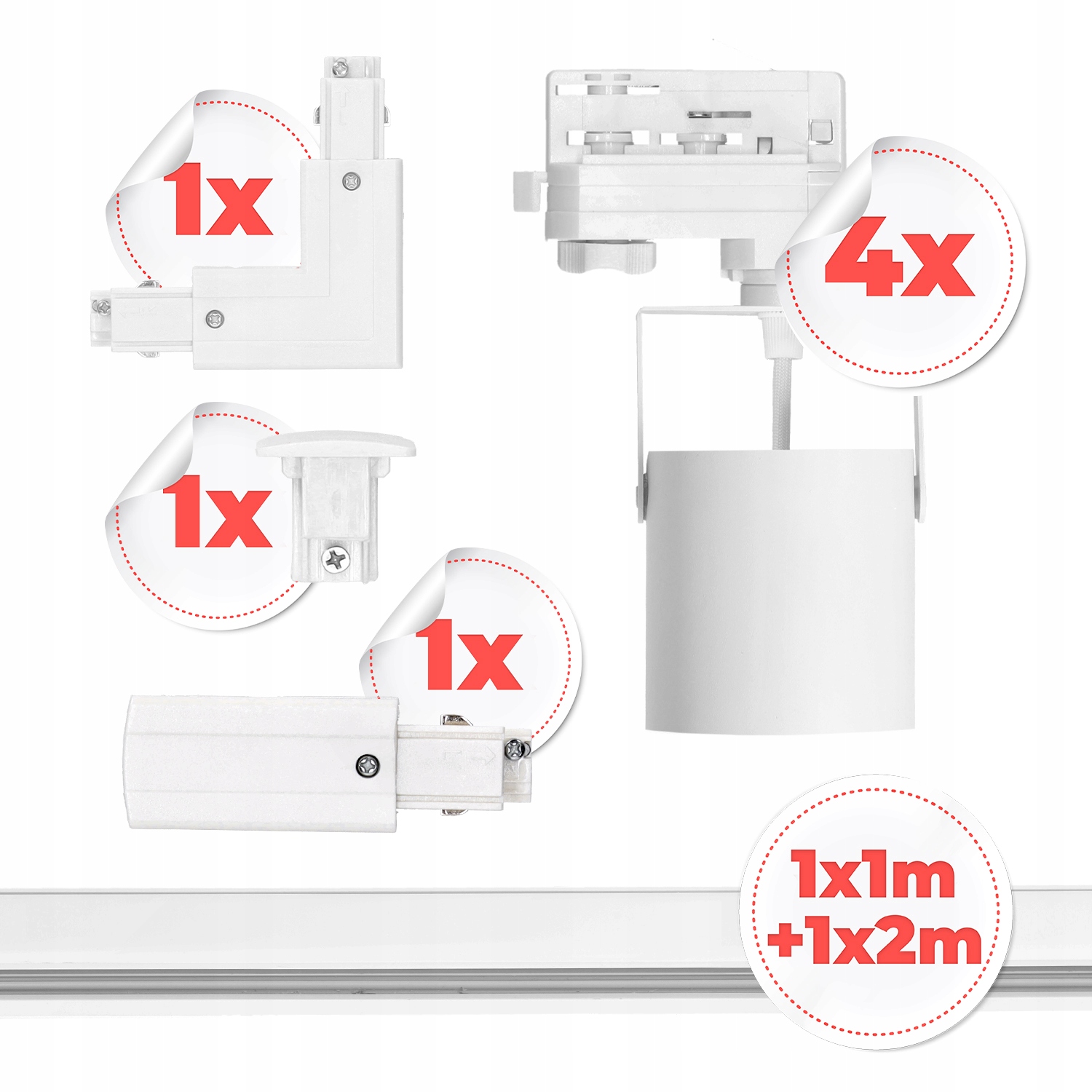 Zestaw Szynowy 3 fazowy 4x OPRAWA GU10 + Szyna 1m+2m + Łącznik L BIAŁY Zawiera baterie nie