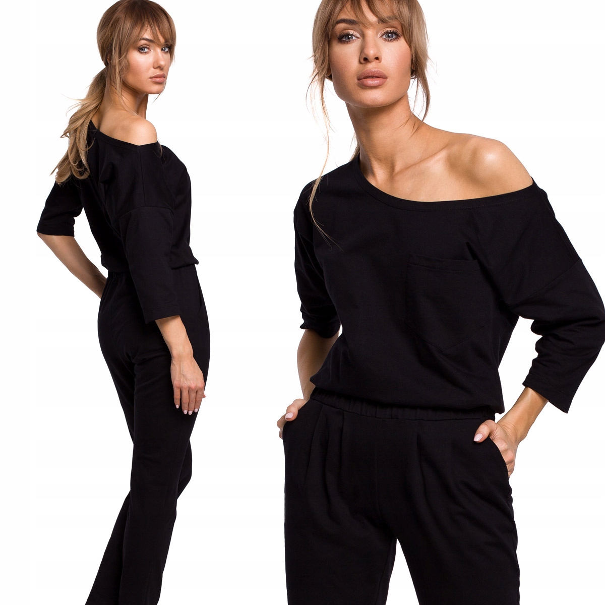 KOMBINEZON NA CO DZIEŃ CASUAL DAMSKI KOBIECY DŁUGIE NOGAWKI CZARNY 42 XL