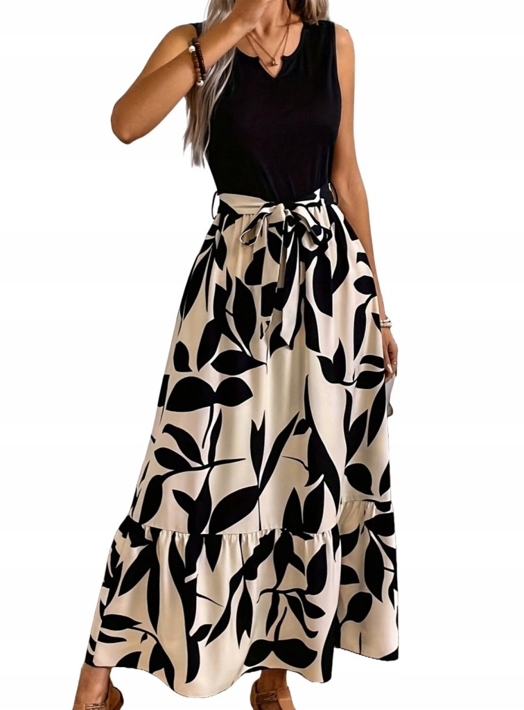 Sukienka z paskiem maxi długa zwiewna w kwiaty