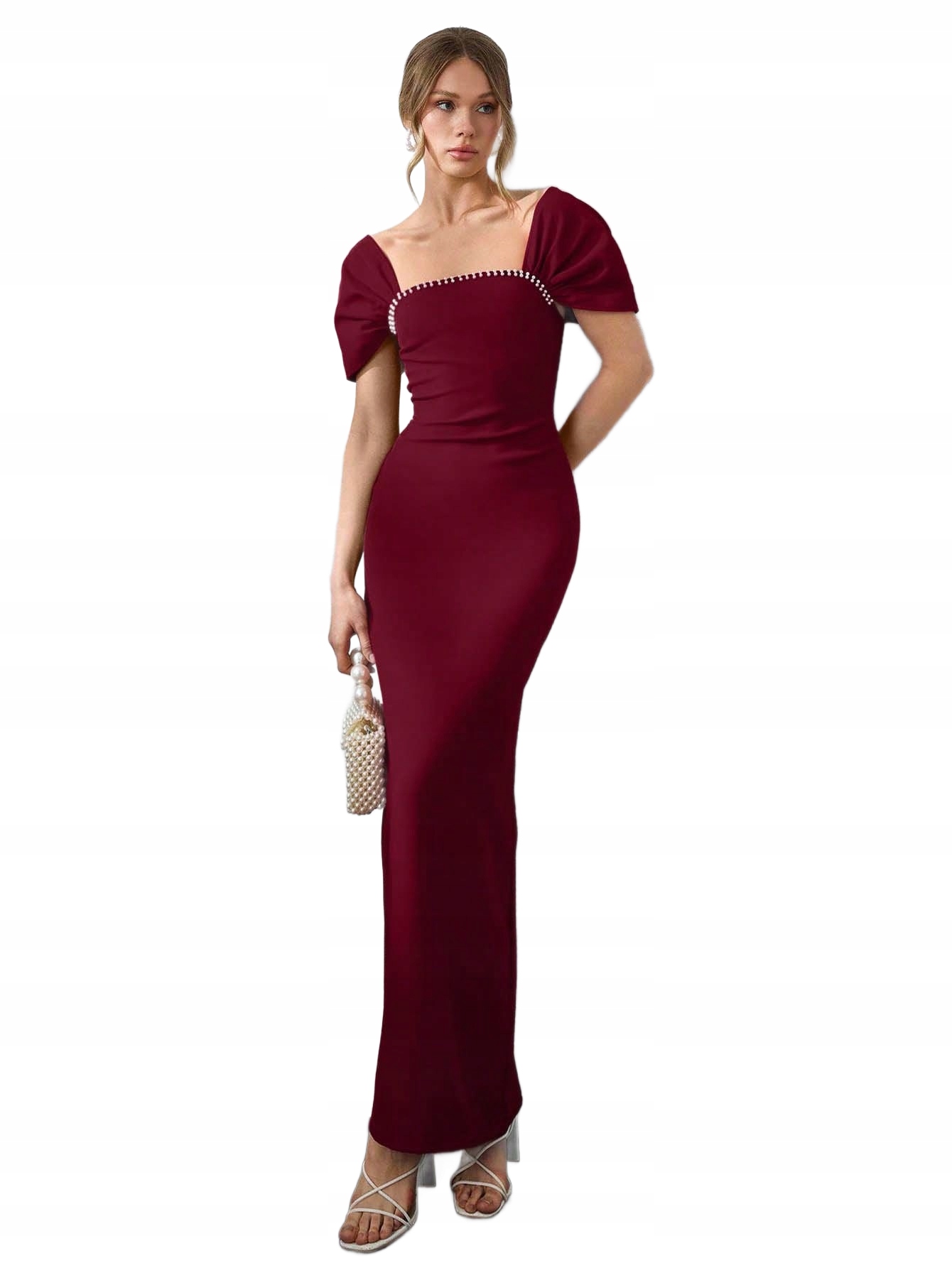 Shein Bordó Šaty Elegantní Svatební Hostina Maxi S Bufetovými Rukávy M 1LA