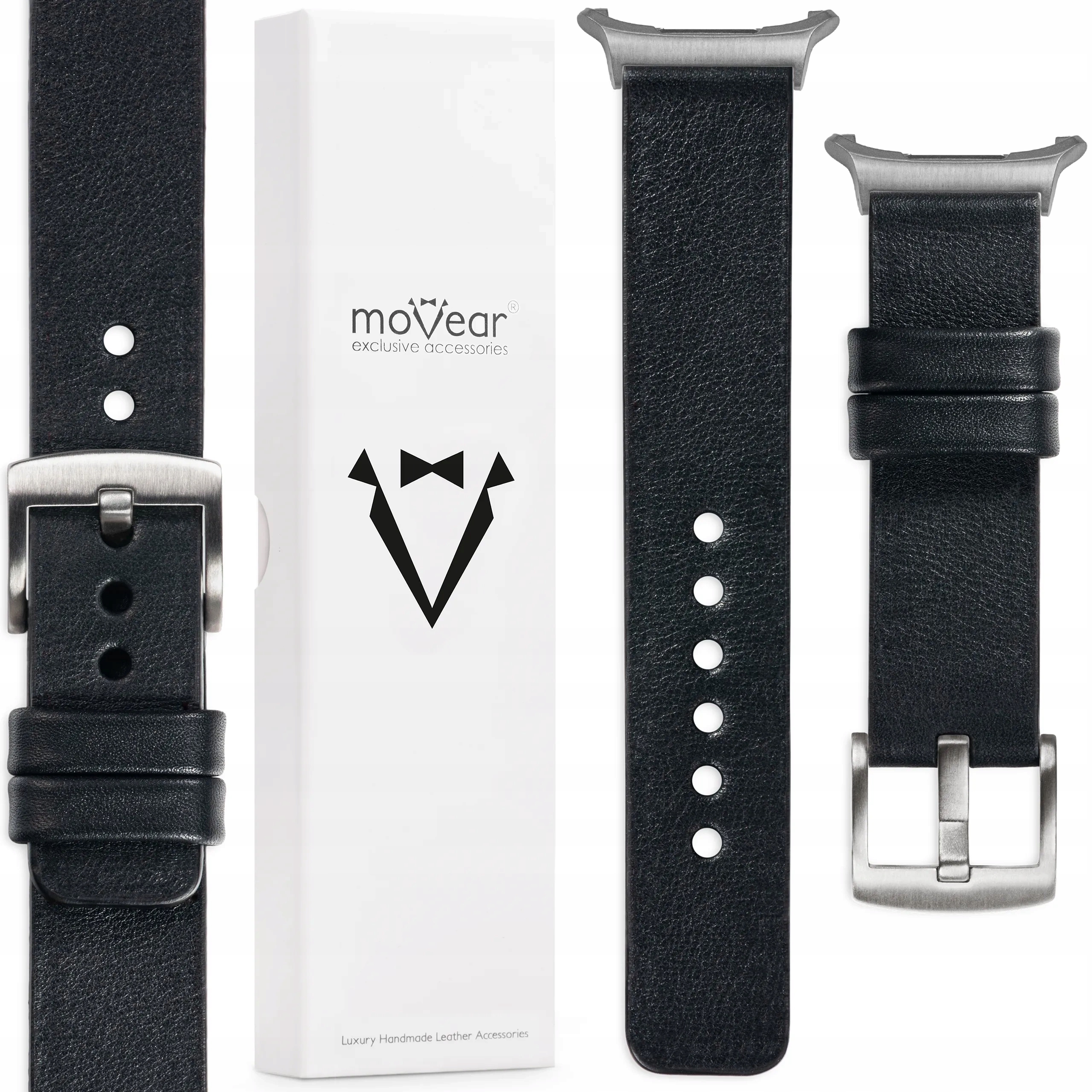 Kožený řemínek 24 mm pro Samsung Galaxy Watch Ultra, elegantní, černý Movear