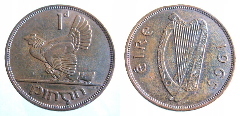 6857. Ирландия, 1 пенс, 1965, ср. 30,9 мм