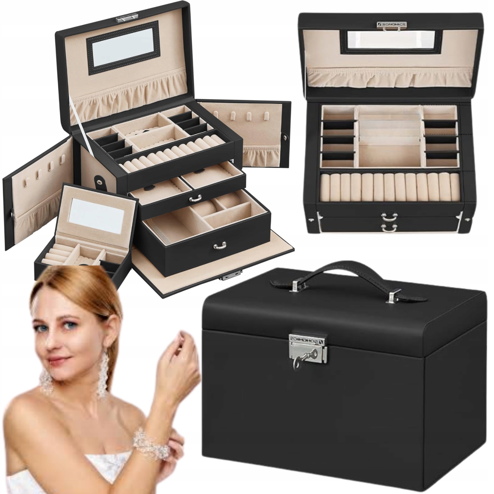 Krabička na šperky Krabička Organizér se zrcadlem Černý Samet Kufřík