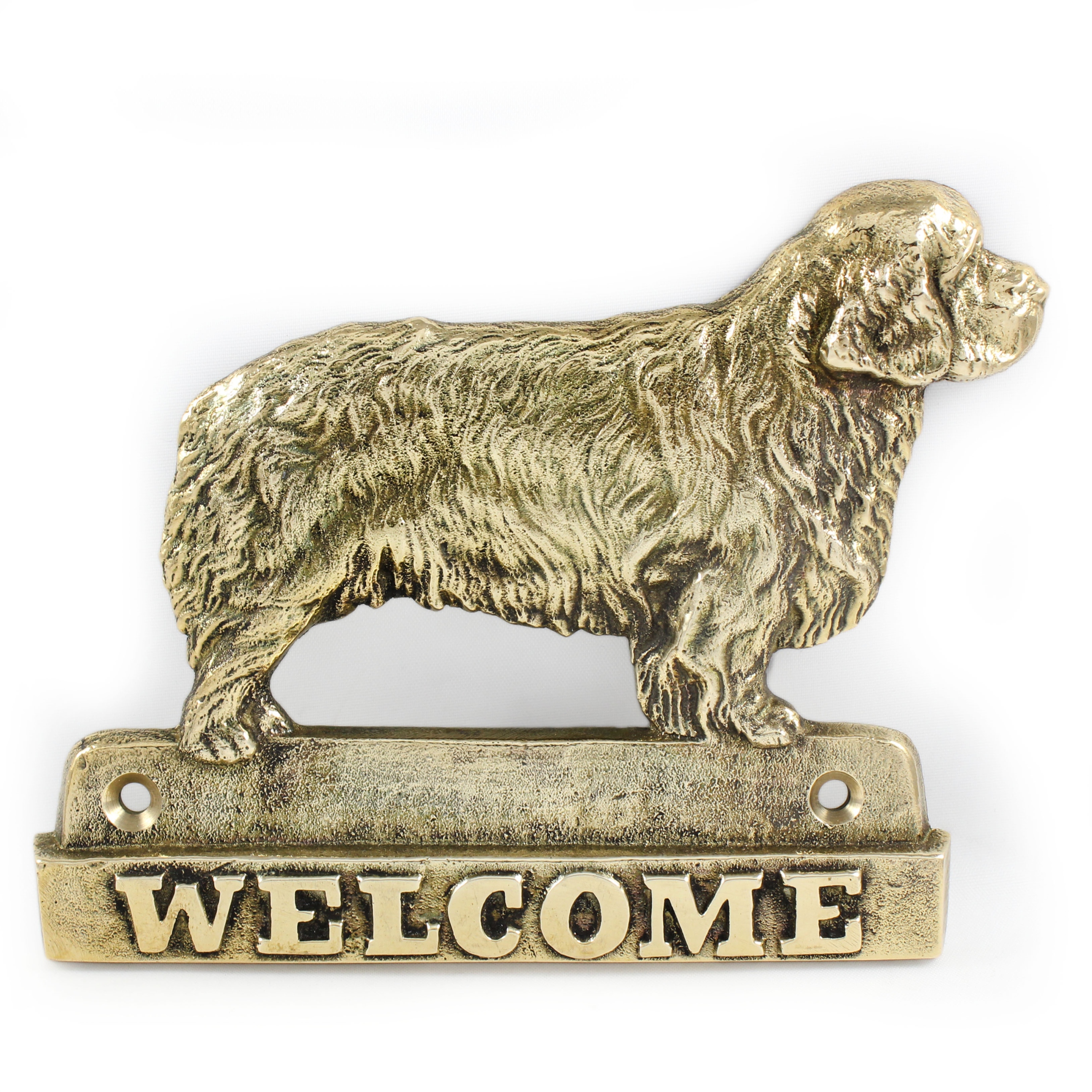 Clumber Spaniel mosadzná tabuľa na dvere so psom, štítok Welcome
