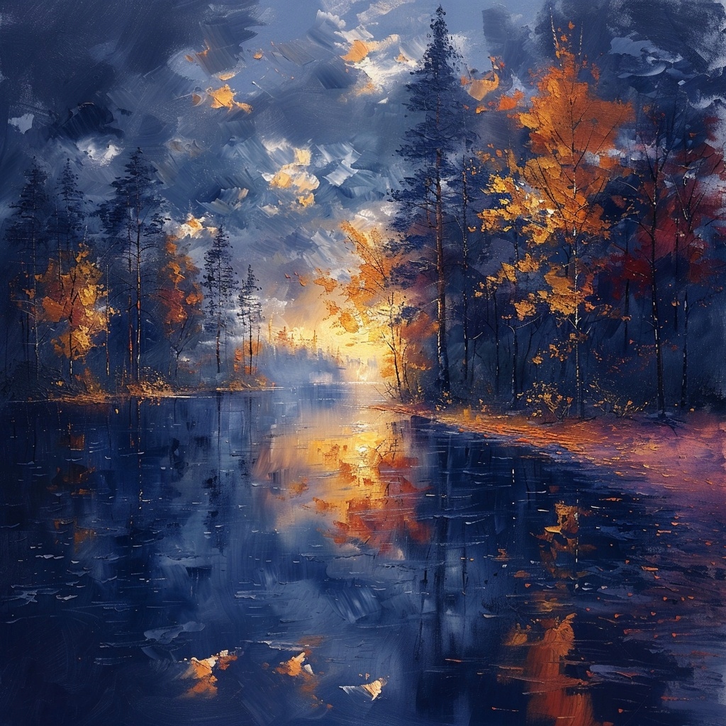 Obraz Na Plátně Canvas Les Stromy Jezero Odraz Podzim Slunce 80x80