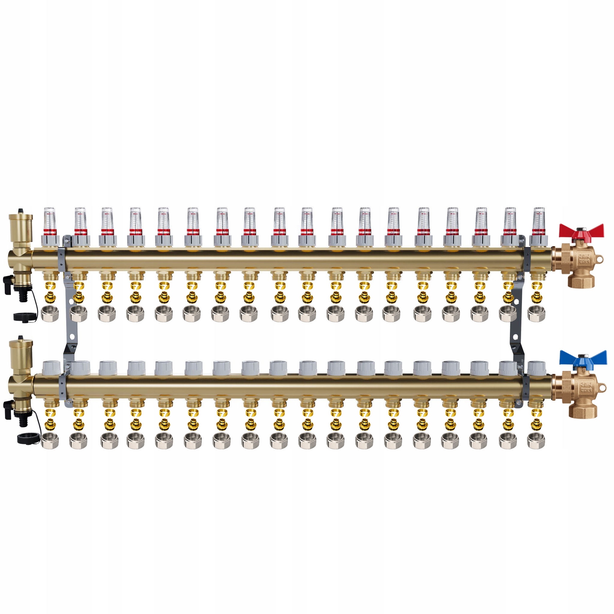 Mosazný rozdělovač 18 okruhů Podlahové topení Kulové ventily Pex