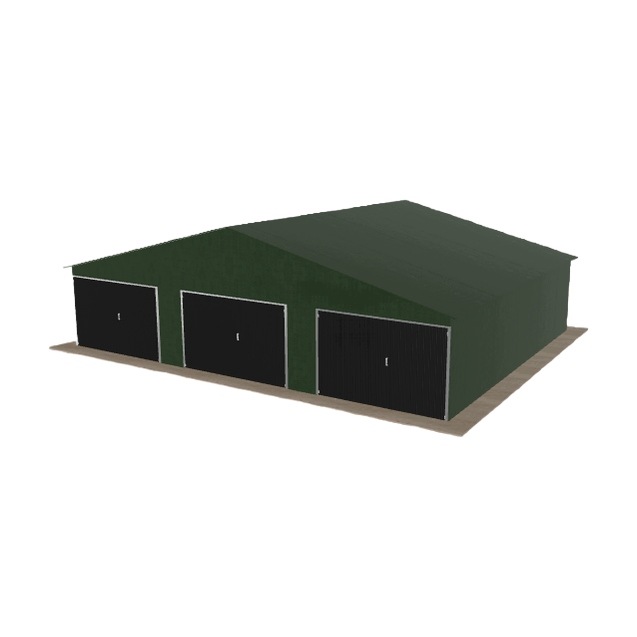 Plechová garáž 10.5 x 8.5 m, třípolohová, dvouspádová, zelená
