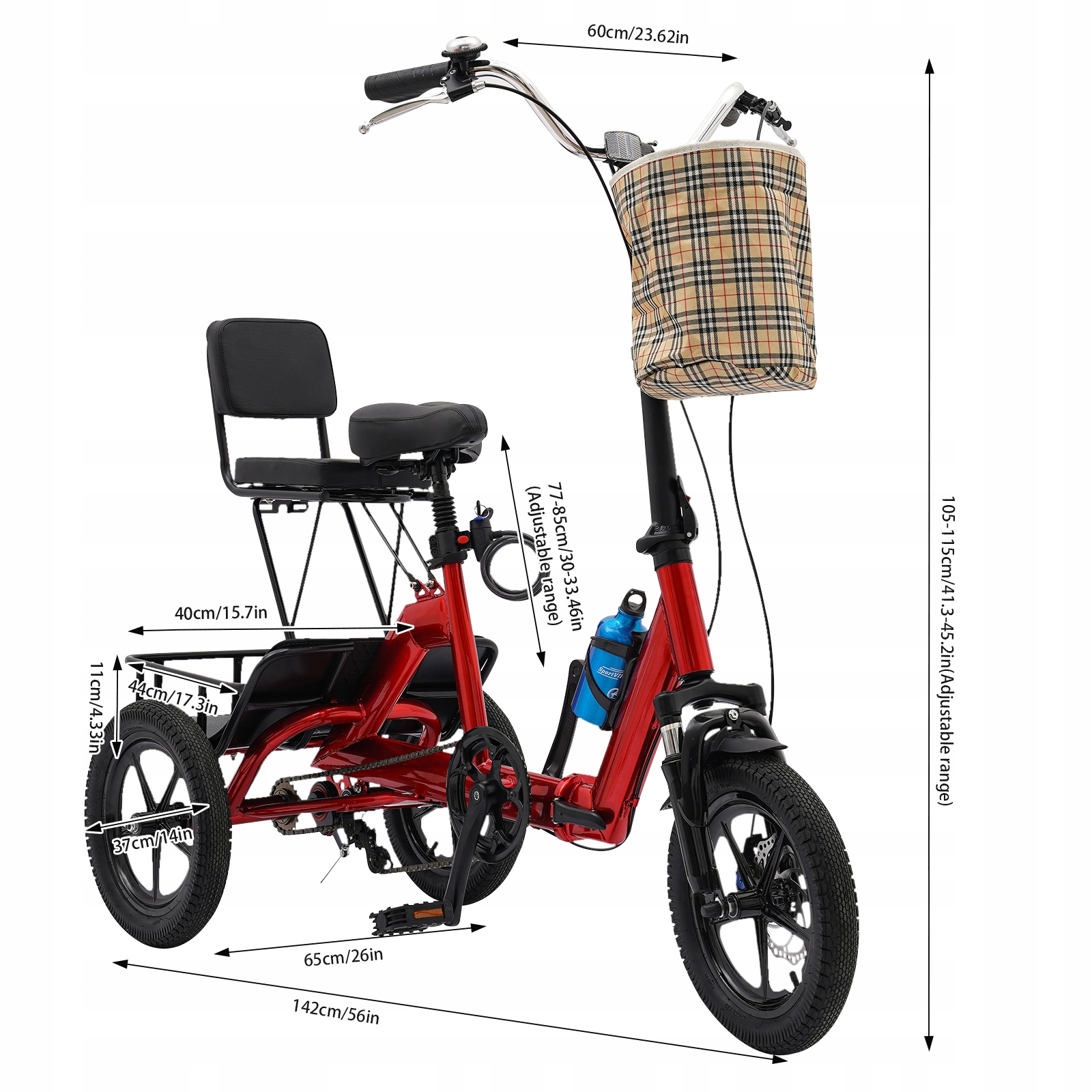 14-Calowy Rower Trójkołowy Składany Dla Dorosłych Czerwony Rowerek Z Koszyk Rozmiar ramy brak informacji