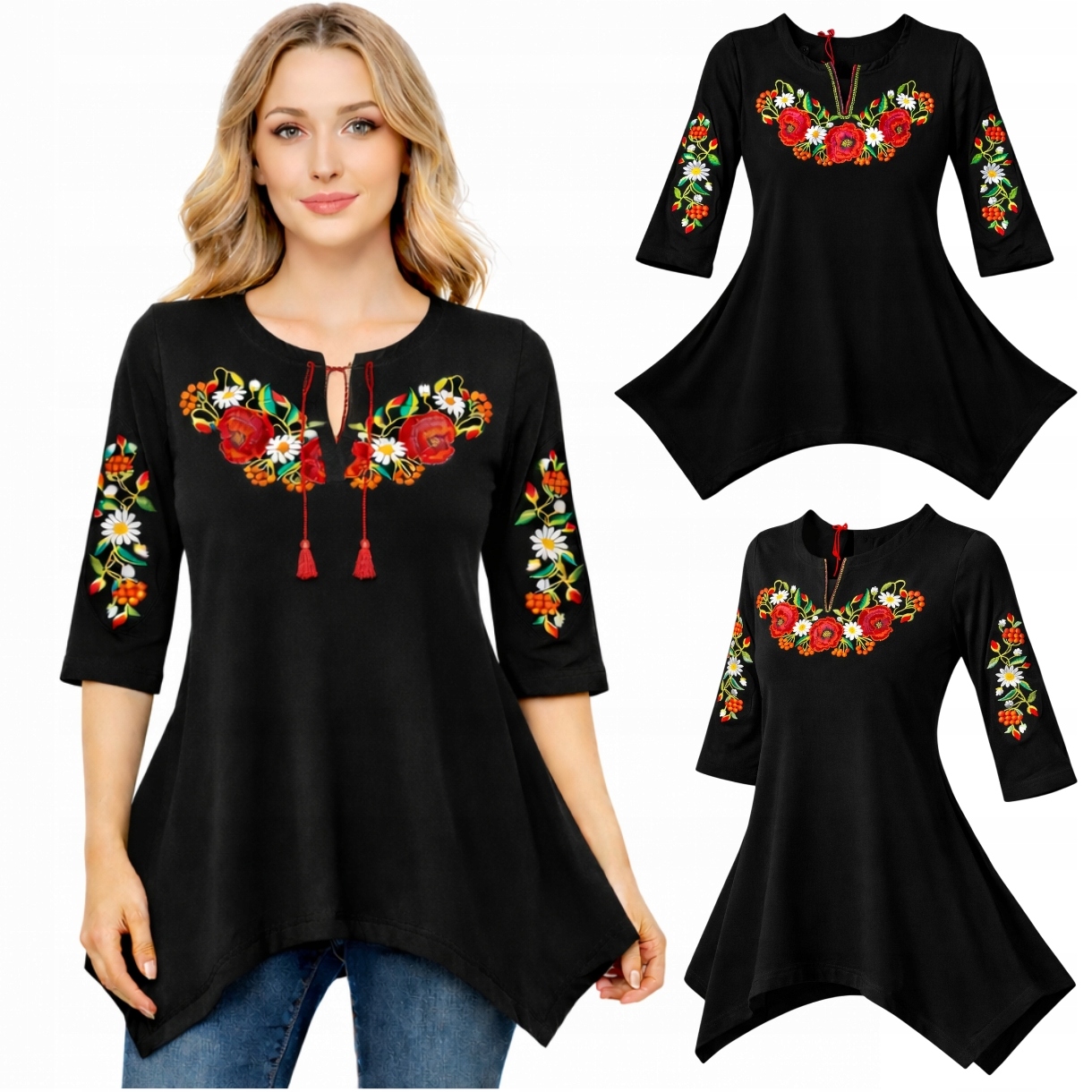 Dámská tunika Folk Góralska Vyšívaná s květinami 3/4 rukáv Halenka Černá 3XL