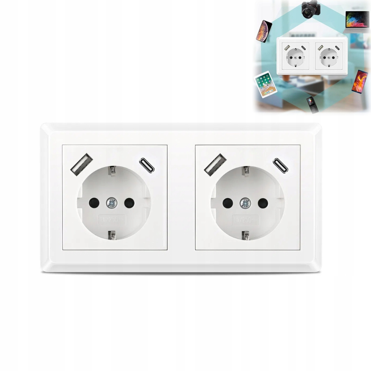 Dvojitá Zásuvka Bílá S Kolíkem S Nabíječkou Usb Typ A+c