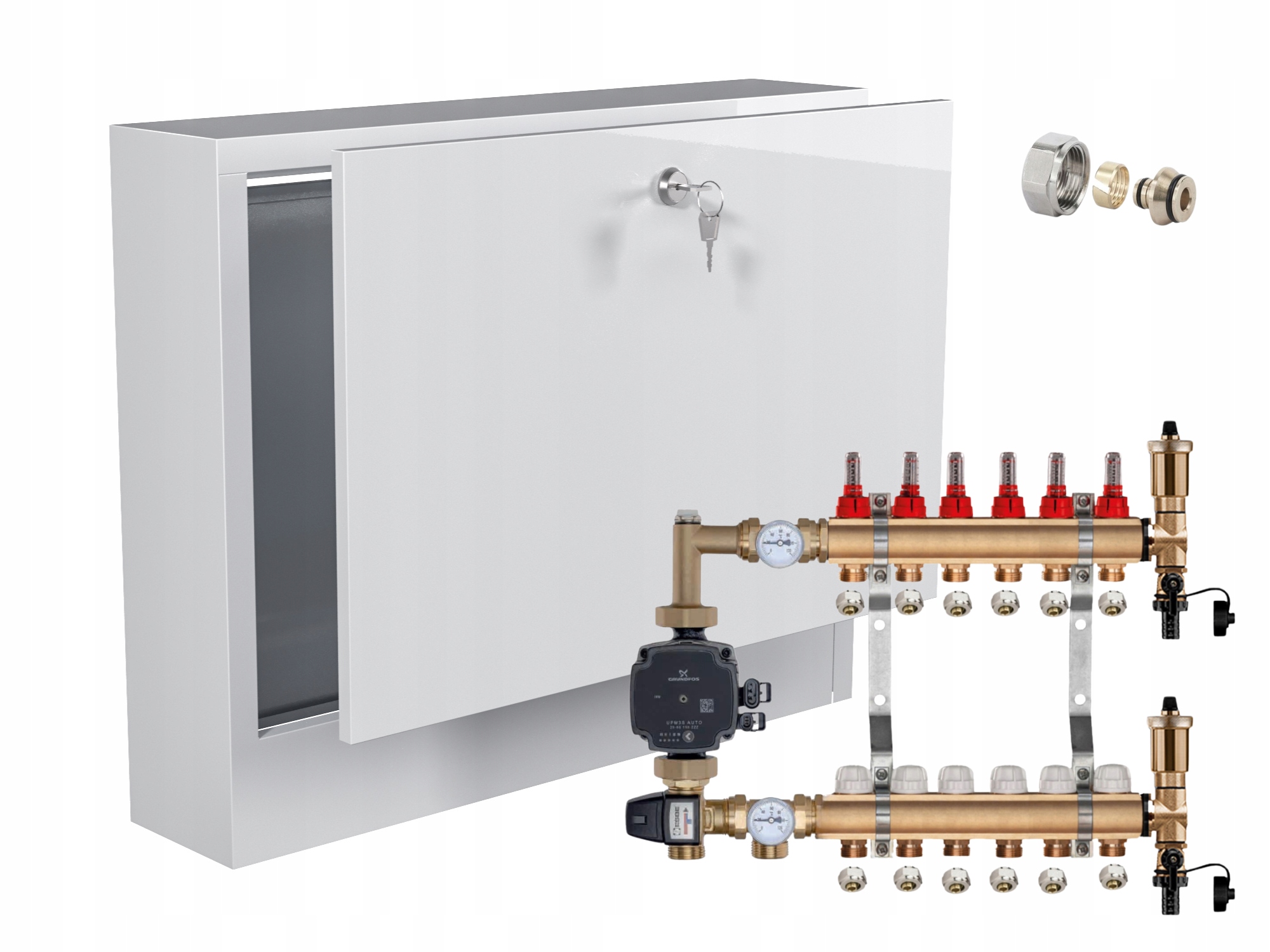 Mosazný Rozdělovač Podlahovky 6 S Čerpadlem Grundfos Nástěnná Skříňka Pex