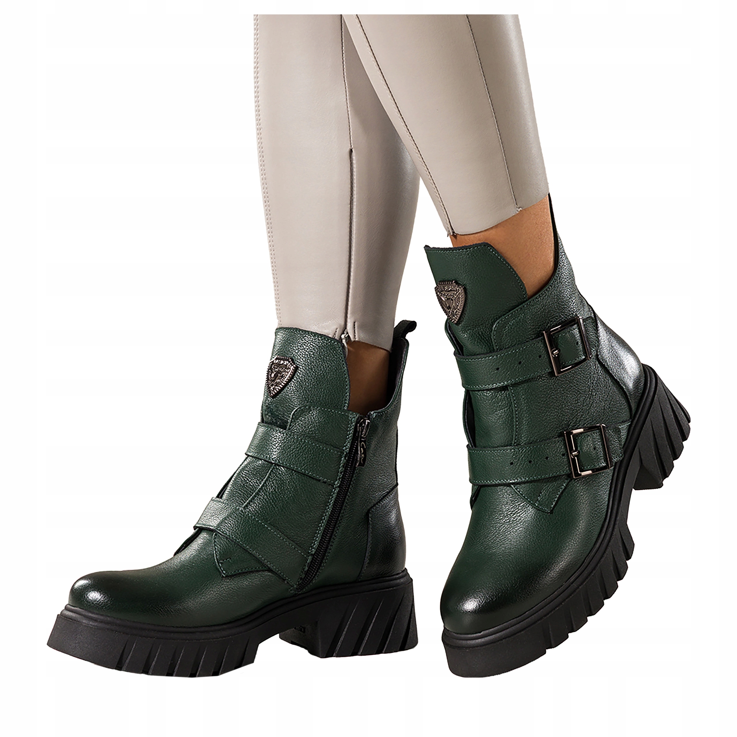 Dámské Kotníkové Boty Zelené Kožené Pohodlné Workery Běžící platforma r 39