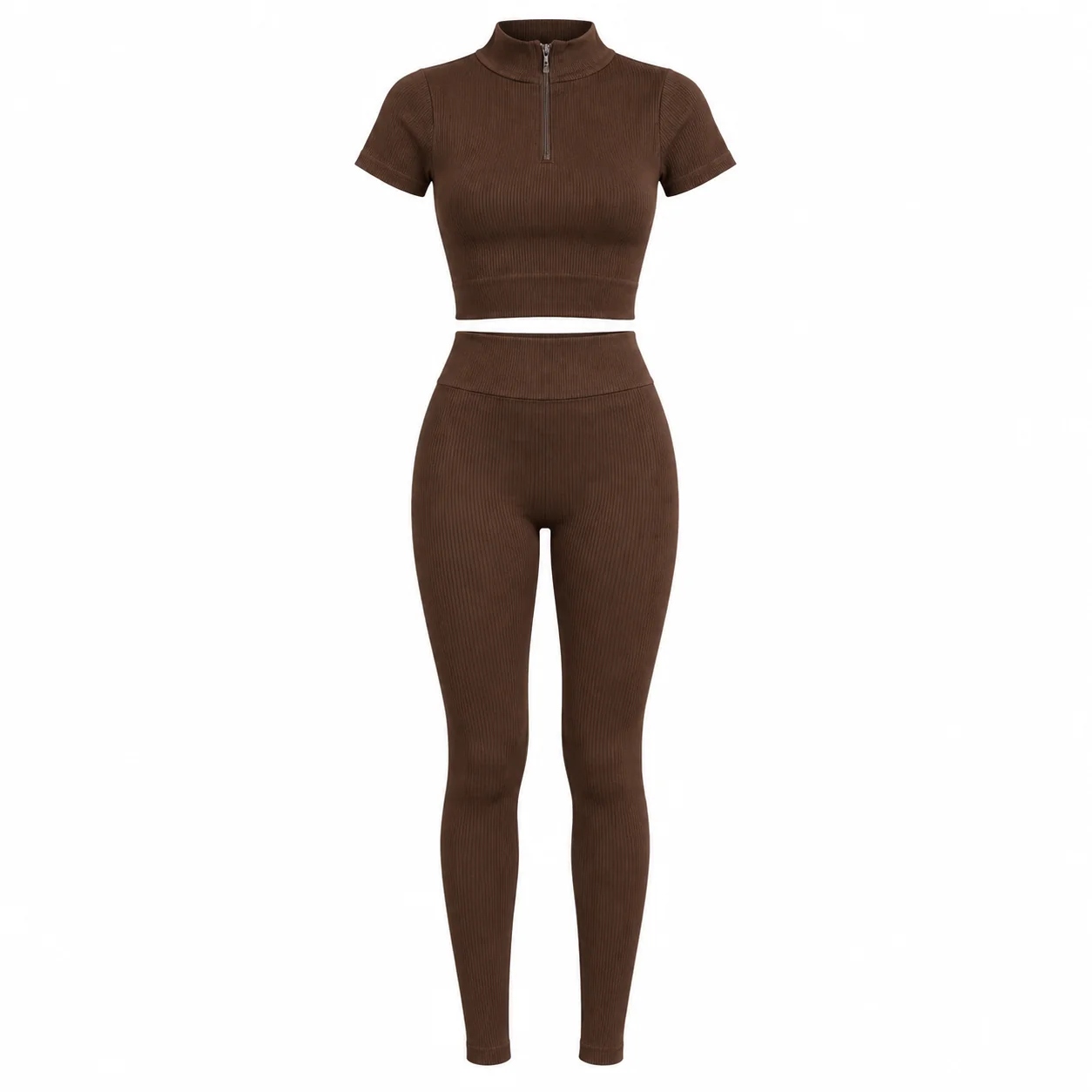 [vel. M/L] Dámský sportovní komplet s legínami na zip, žebrovaný, čokoládový