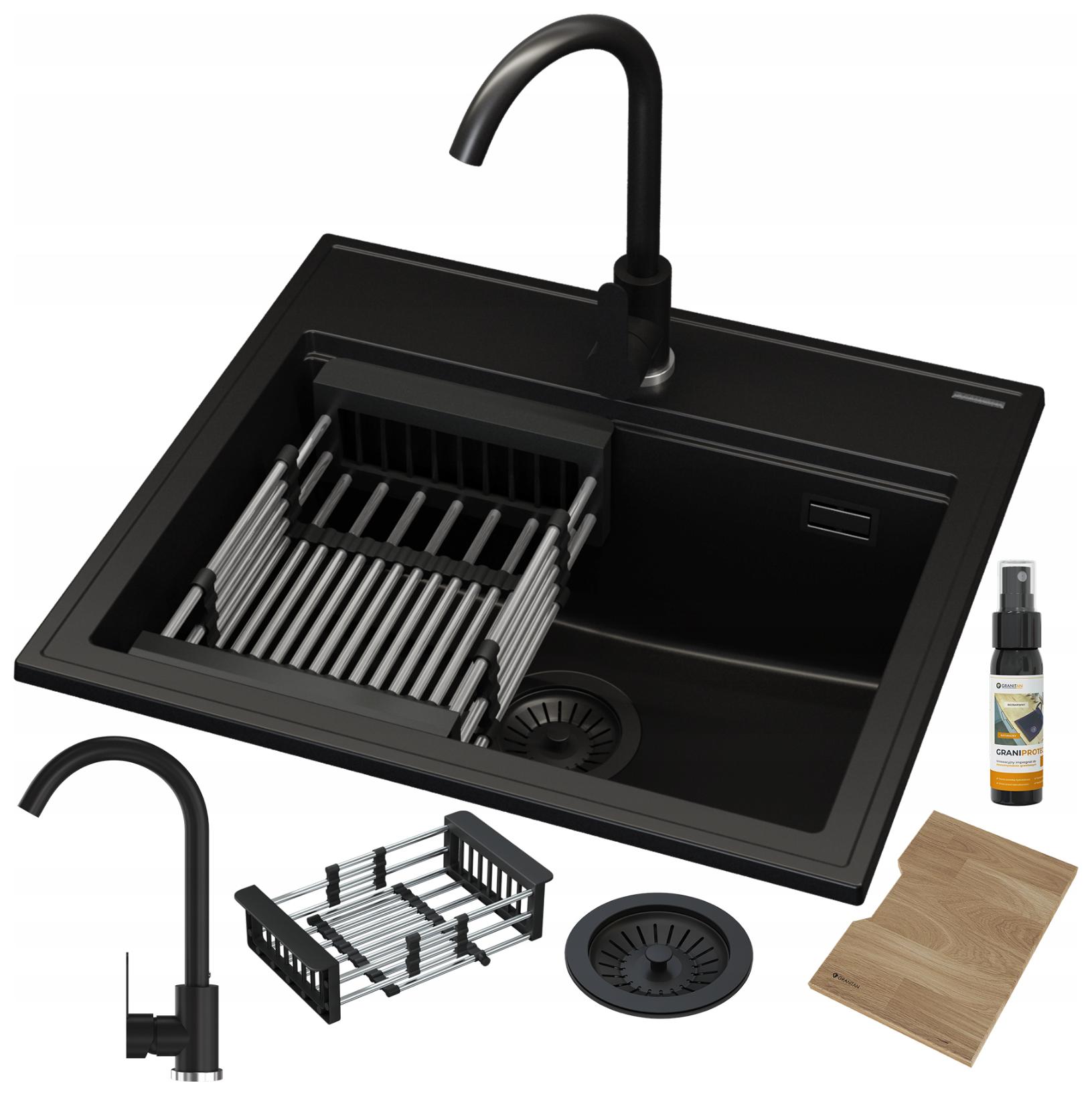 Dřez Jednokomorový s odkapávačem černý Velký Baterie Sifon Foxal