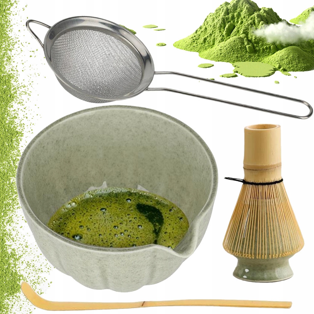 Levně Sada Nářadí Pro Matchu 5 Dílů S Miskou Šlehací Metla Lžíce Síto Rukojeť