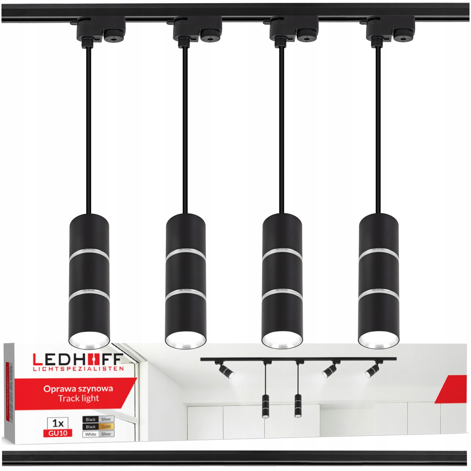 Kolejnicová lišta 1 m 4x závěsná Led lampa Tuba GU10 kolejnicové osvětlení
