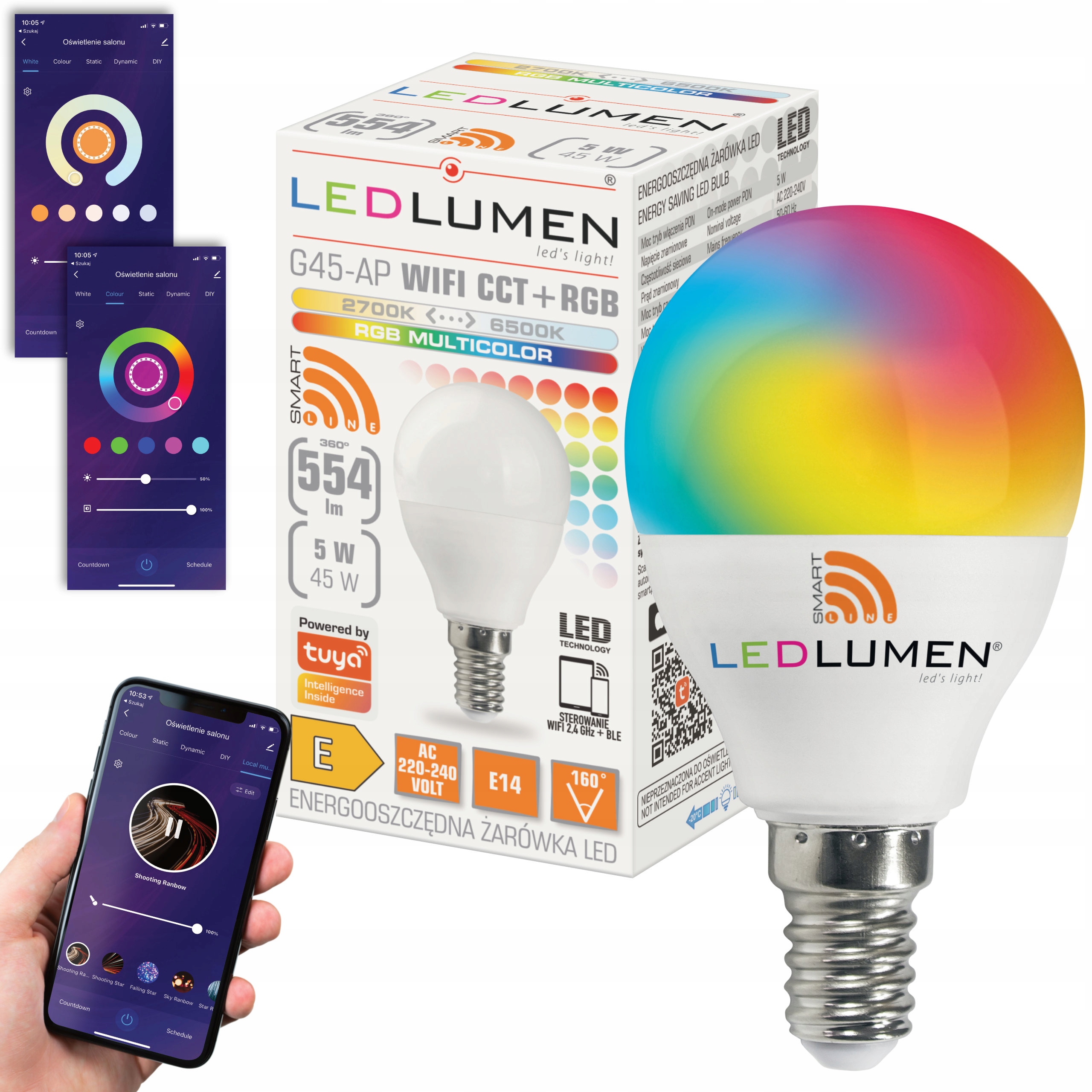 Żarówka LED E14 5W=45W 554lm RGB CCT 160° Ściemnialna WIFI TUYA SMART LIFE