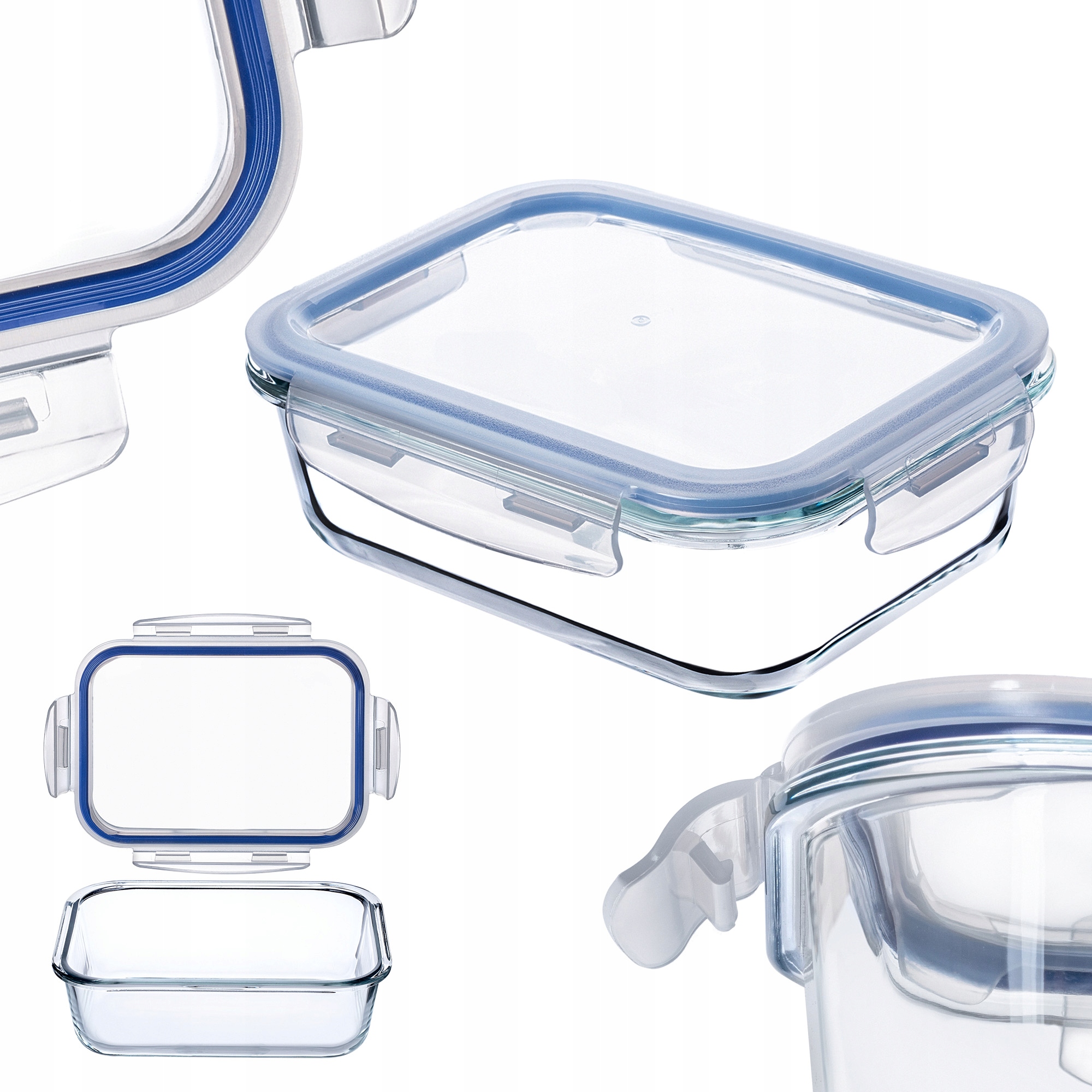 SZKLANY POJEMNIK NA ŻYWNOŚĆ JEDZENIE 1040ml Z POKRYWKĄ PUDEŁKO ŚNIADANIÓWKA Kolor odcienie niebieskiego przezroczysty