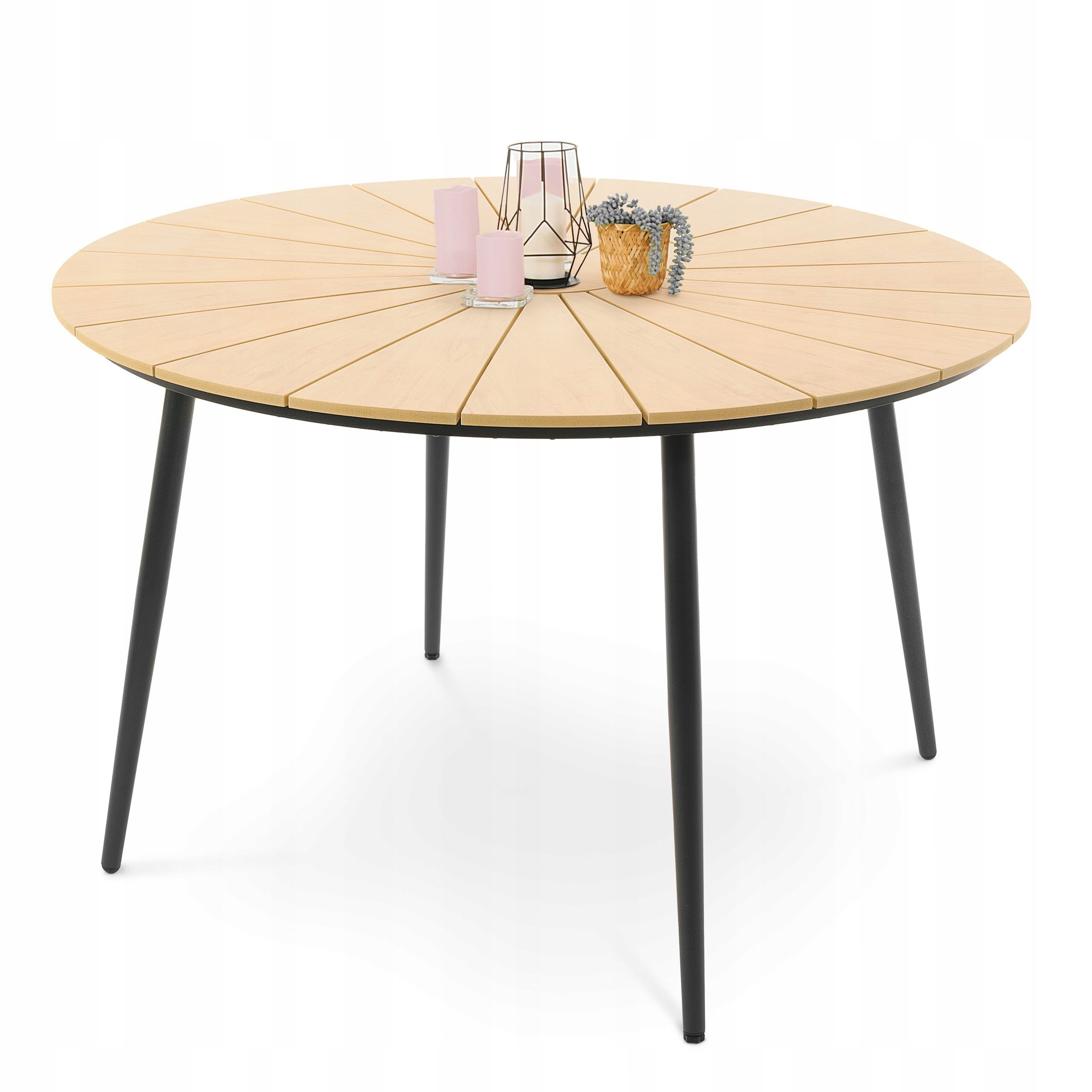 Stół ogrodowy okrągły aluminiowy 120cm blat polywood imitacja drewna 6 osób