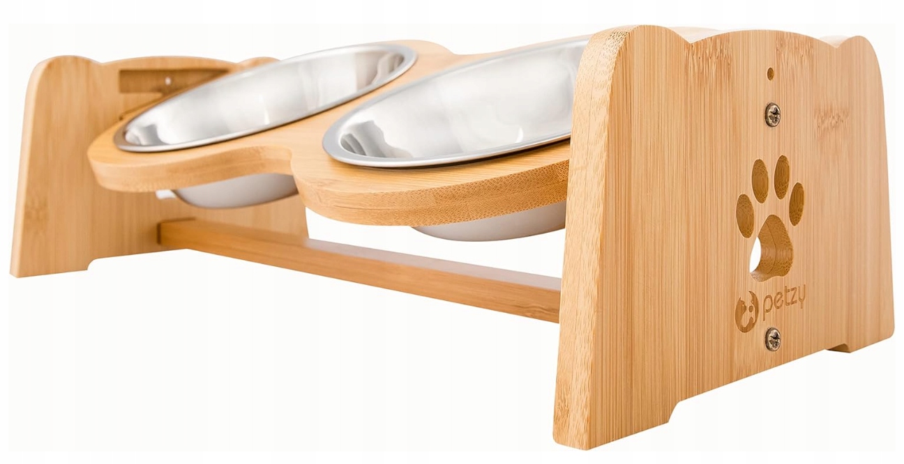 Levně Miska Pro Psa Kočku Nastavitelná 2x 350 ml Bambusová Kovová Dobrá Pořádná