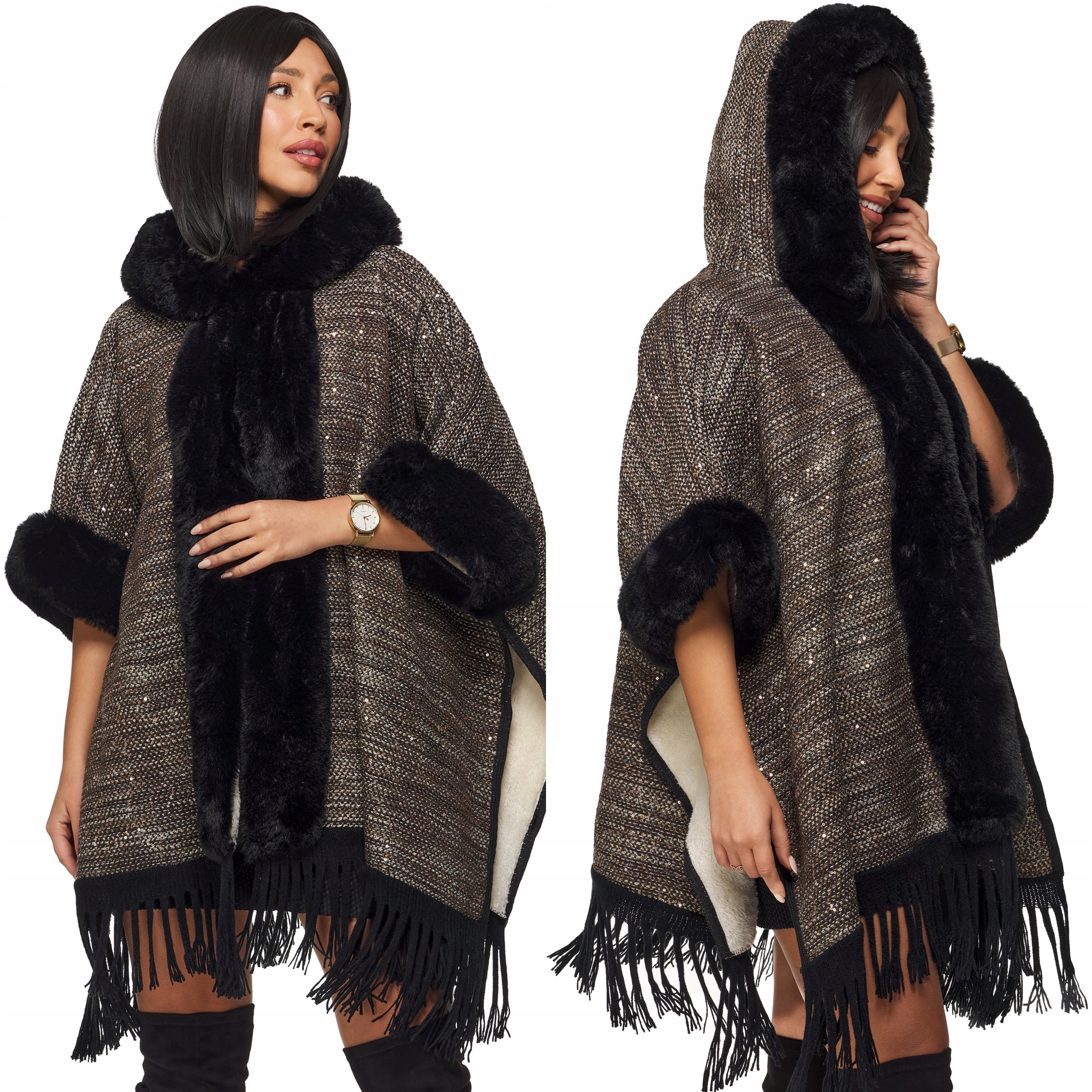 Dámské Pončo teplé, silné zimní pletenina s třásněmi a kožešinou