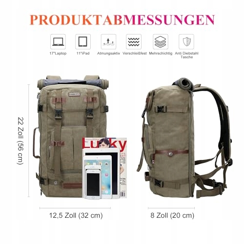 WITZMAN Plecak Podróżny Vintage Canvas Dla Mężczyzn i Kobiet Laptop 17" — miniatura 7