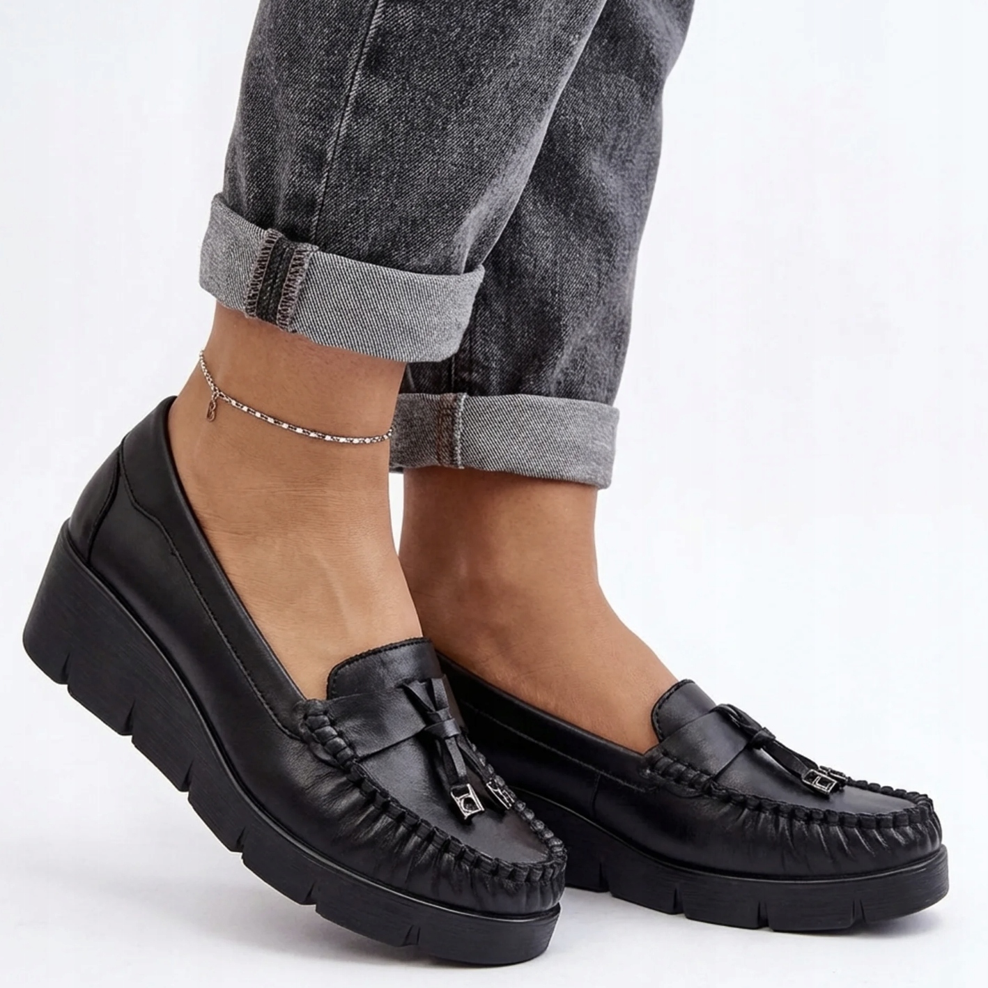 Skórzane Mokasyny Na Koturnie Półbuty Damskie Vinceza 39990 Czarne Buty 40