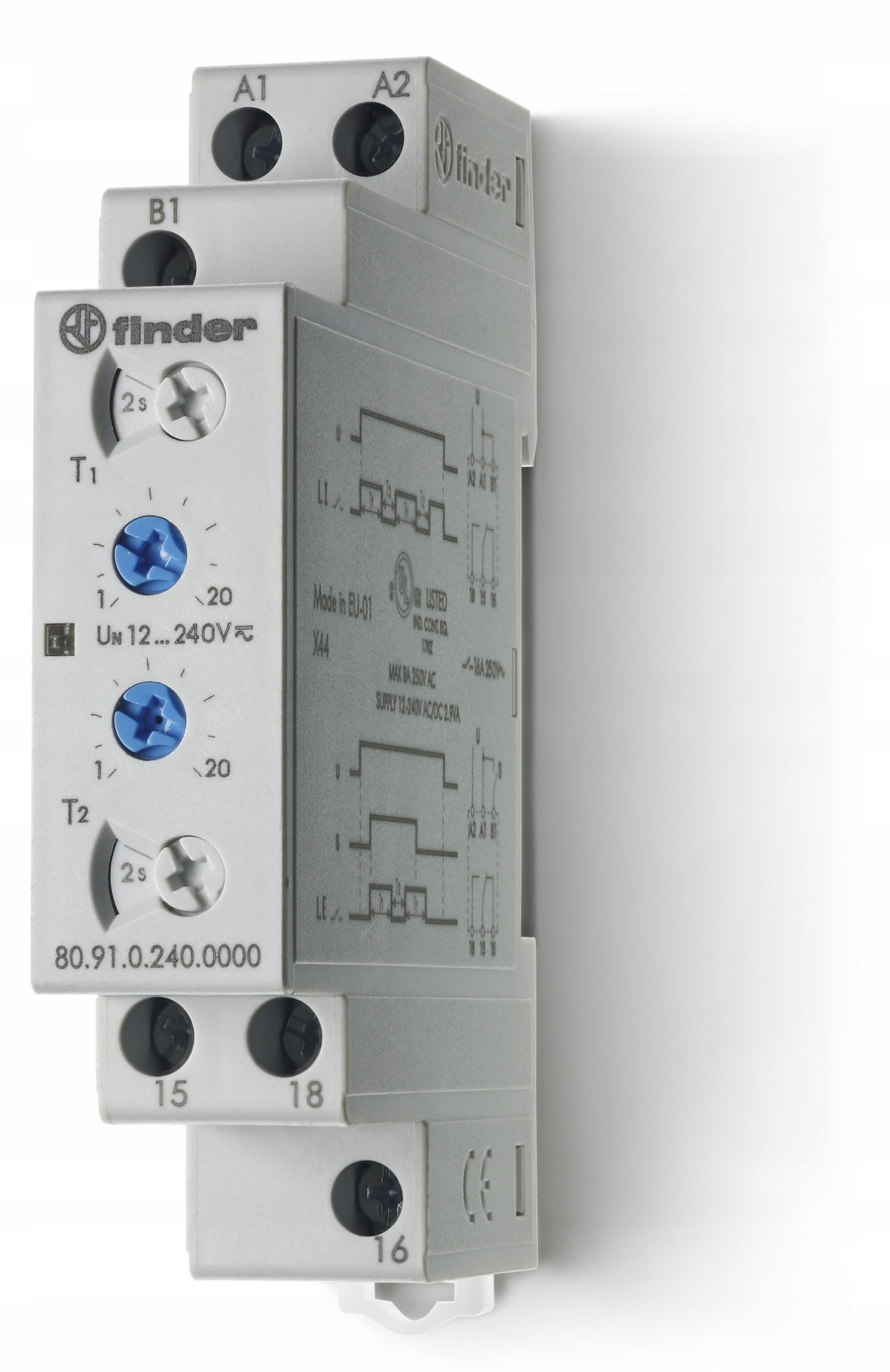 Časové relé 1CO, 16A, 12-240VAC/DC, 2 časy, Finder 80.91.0.240.0000