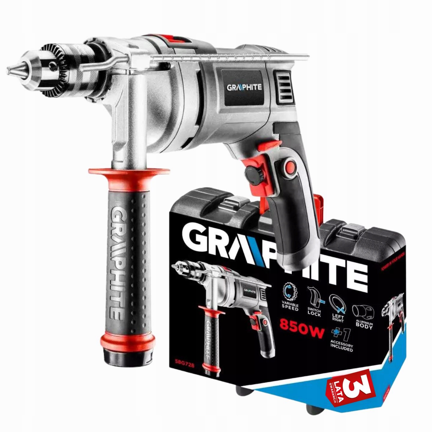 Wiertarka udarowa 850W, walizka, Graphite 58G728